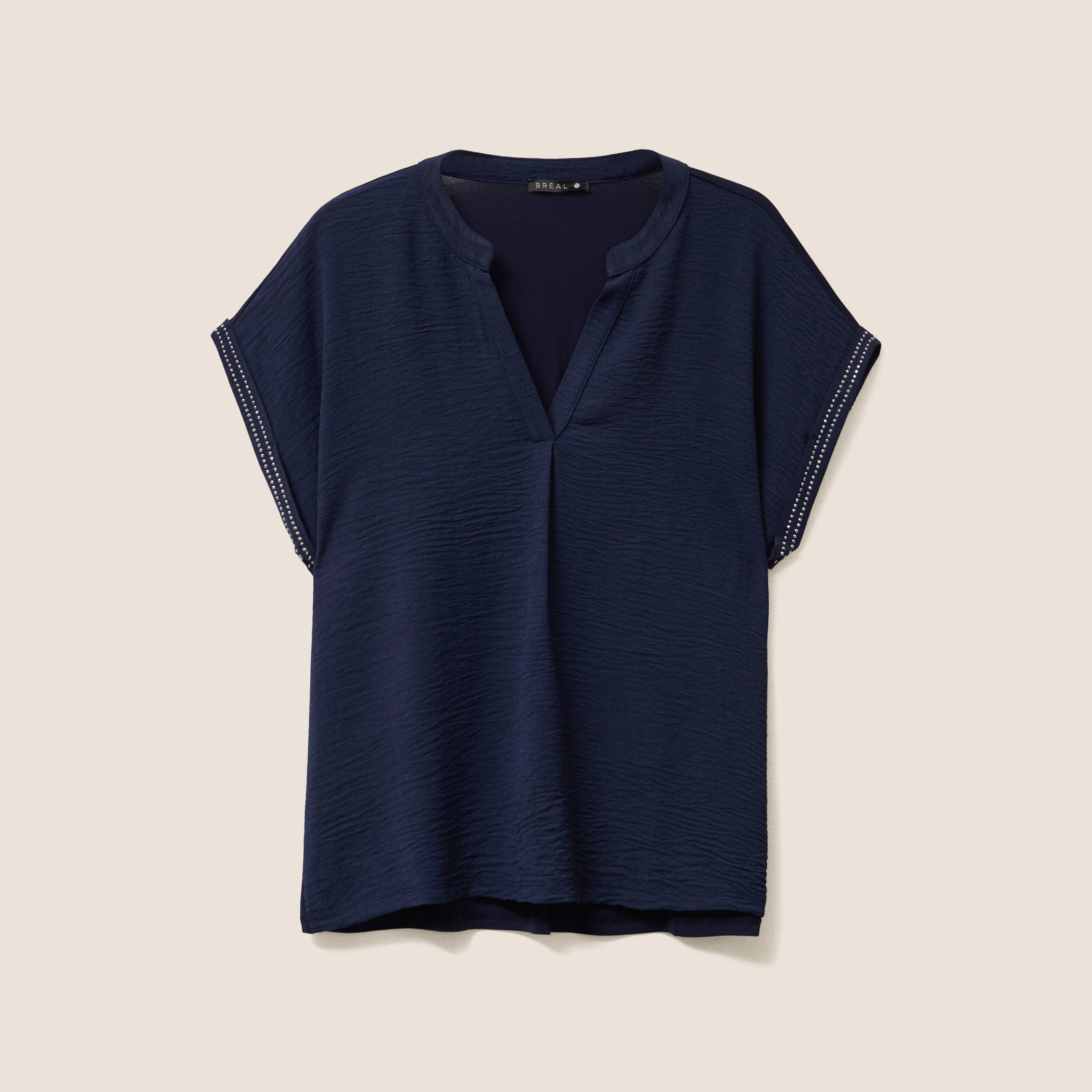blouse col tunisien manches courtes bleu fonce femme Blouse col tunisien manches courtes bleu foncé femme