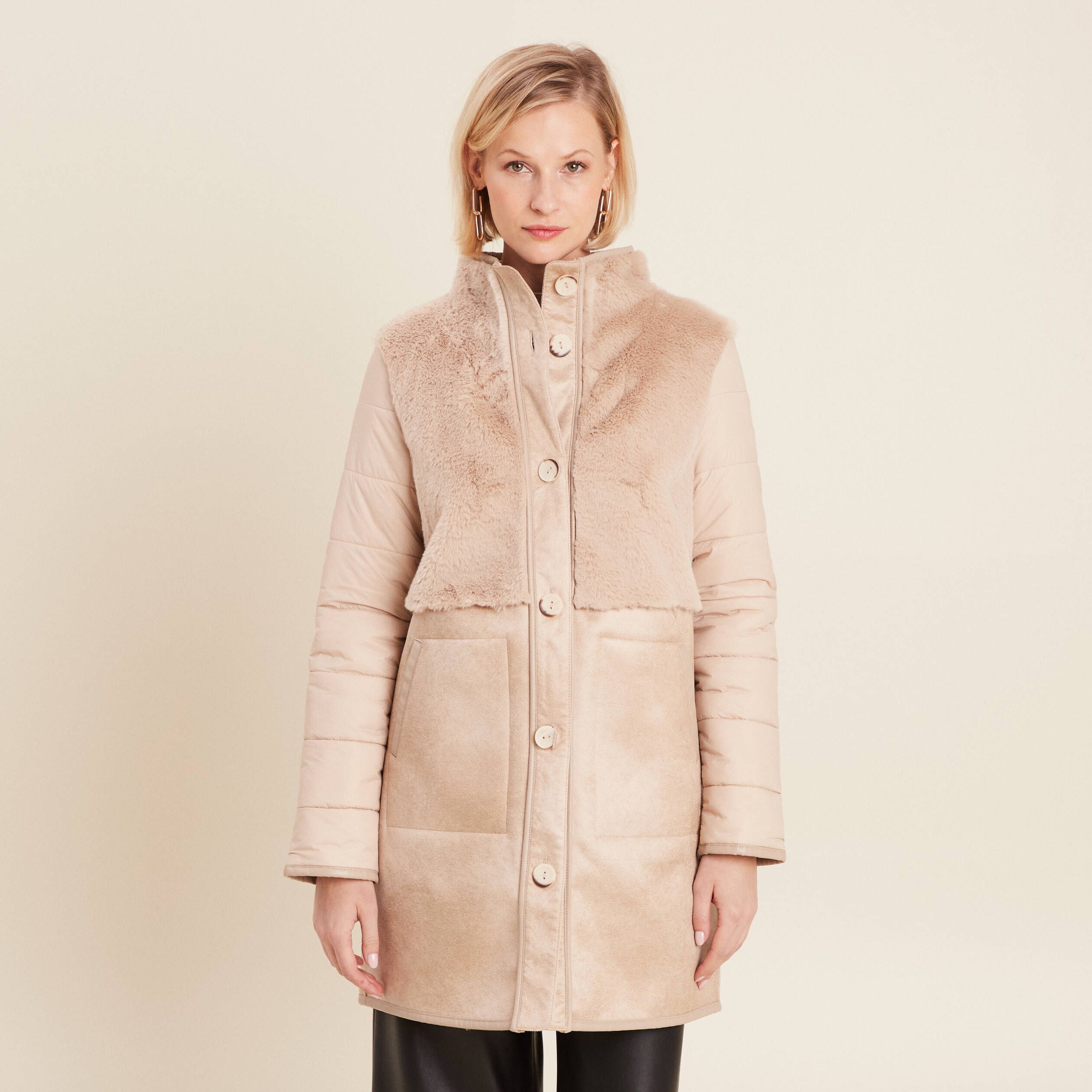 Manteau long su&eacute;dine sable femme