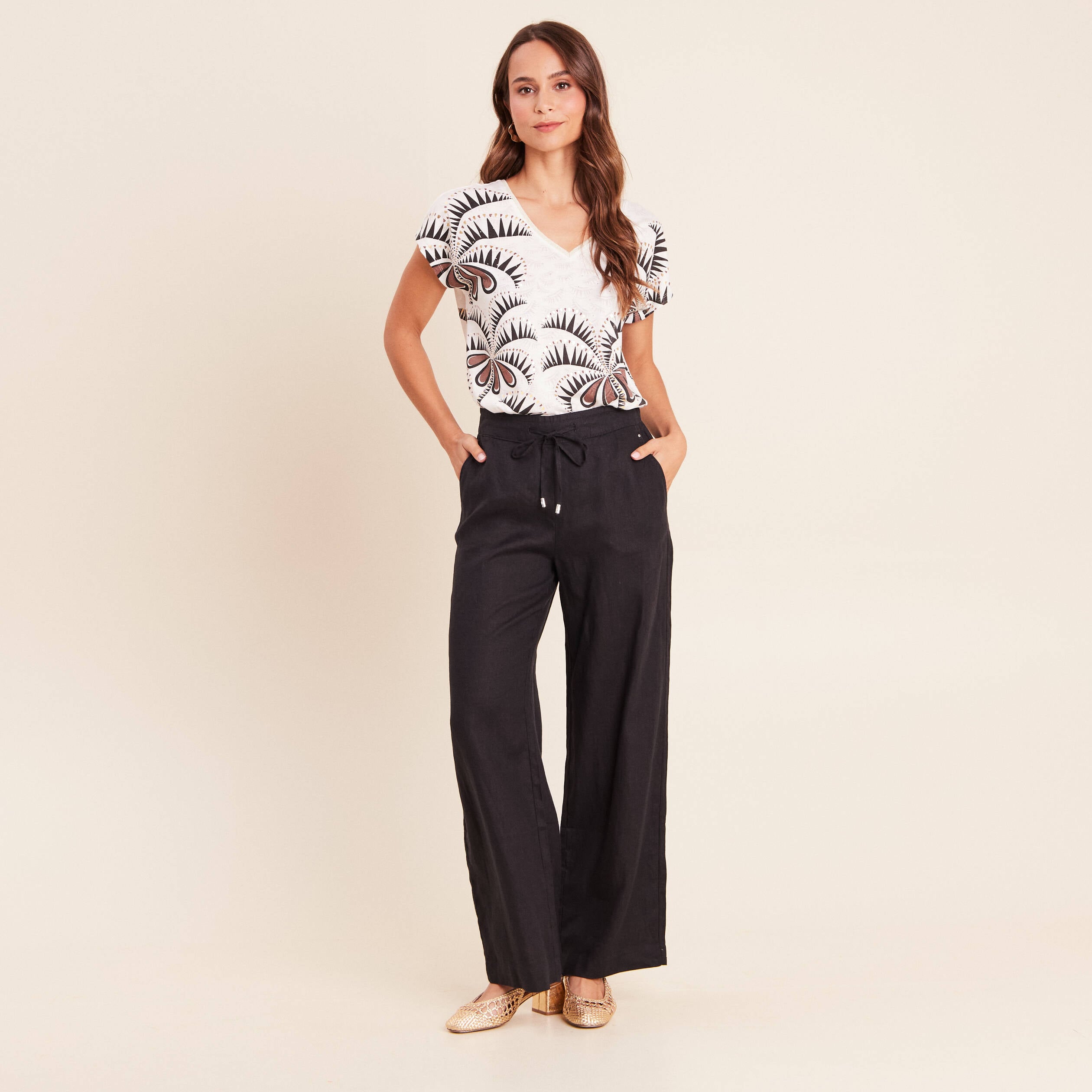 Pantalon large taille haute aspect lin noir femme