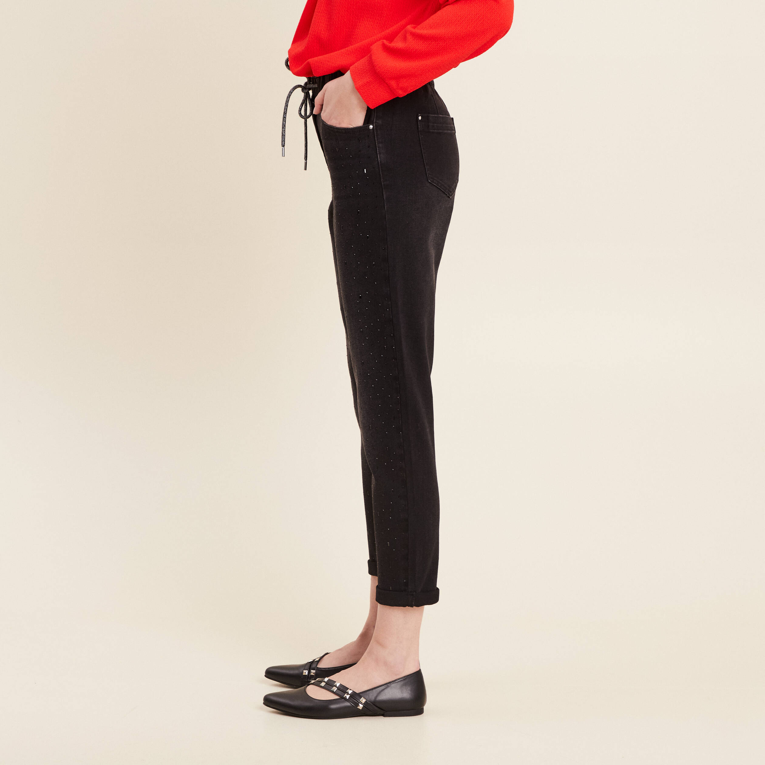 Jean jogging strass denim noir femme