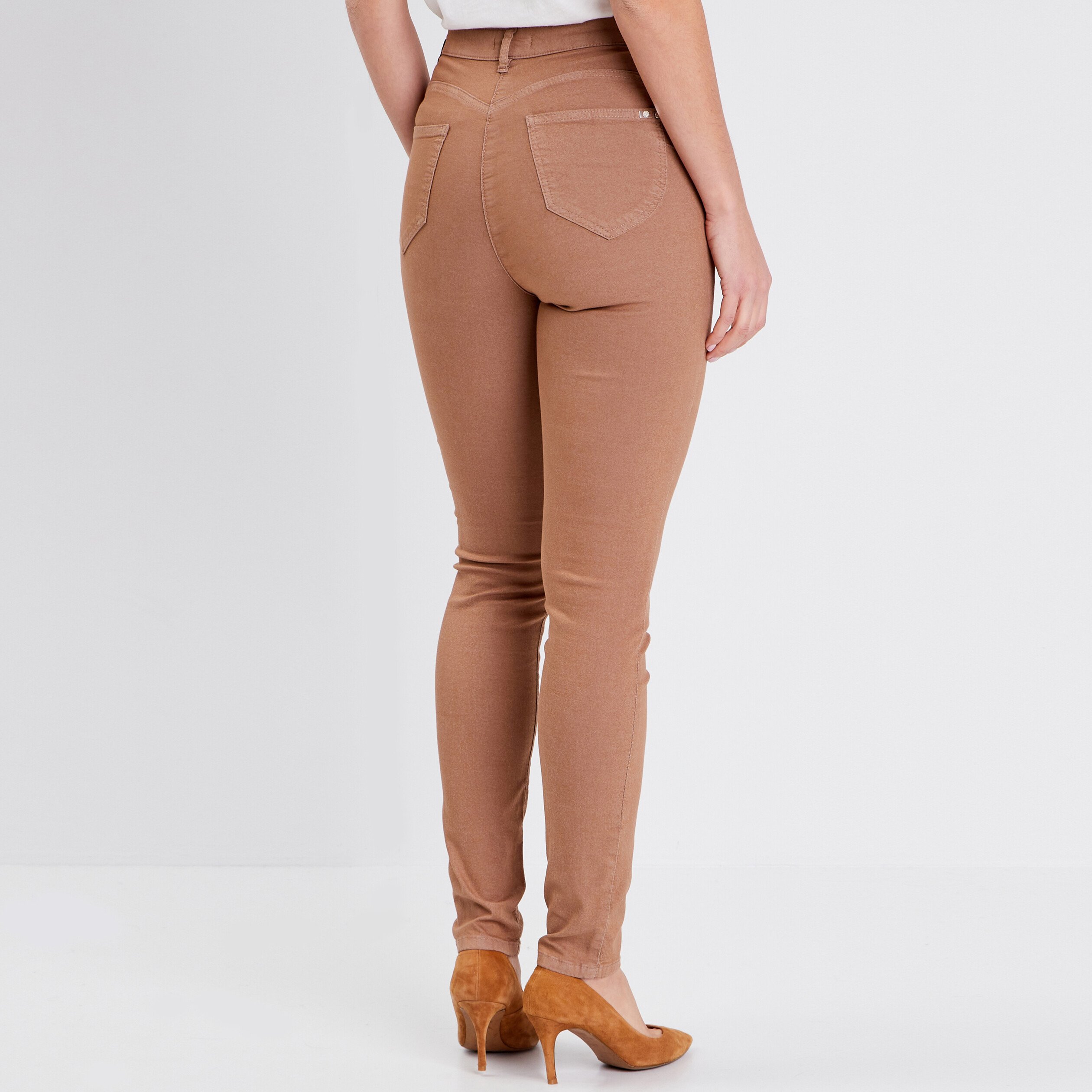 Pantalon léger taille haute long marron femme
