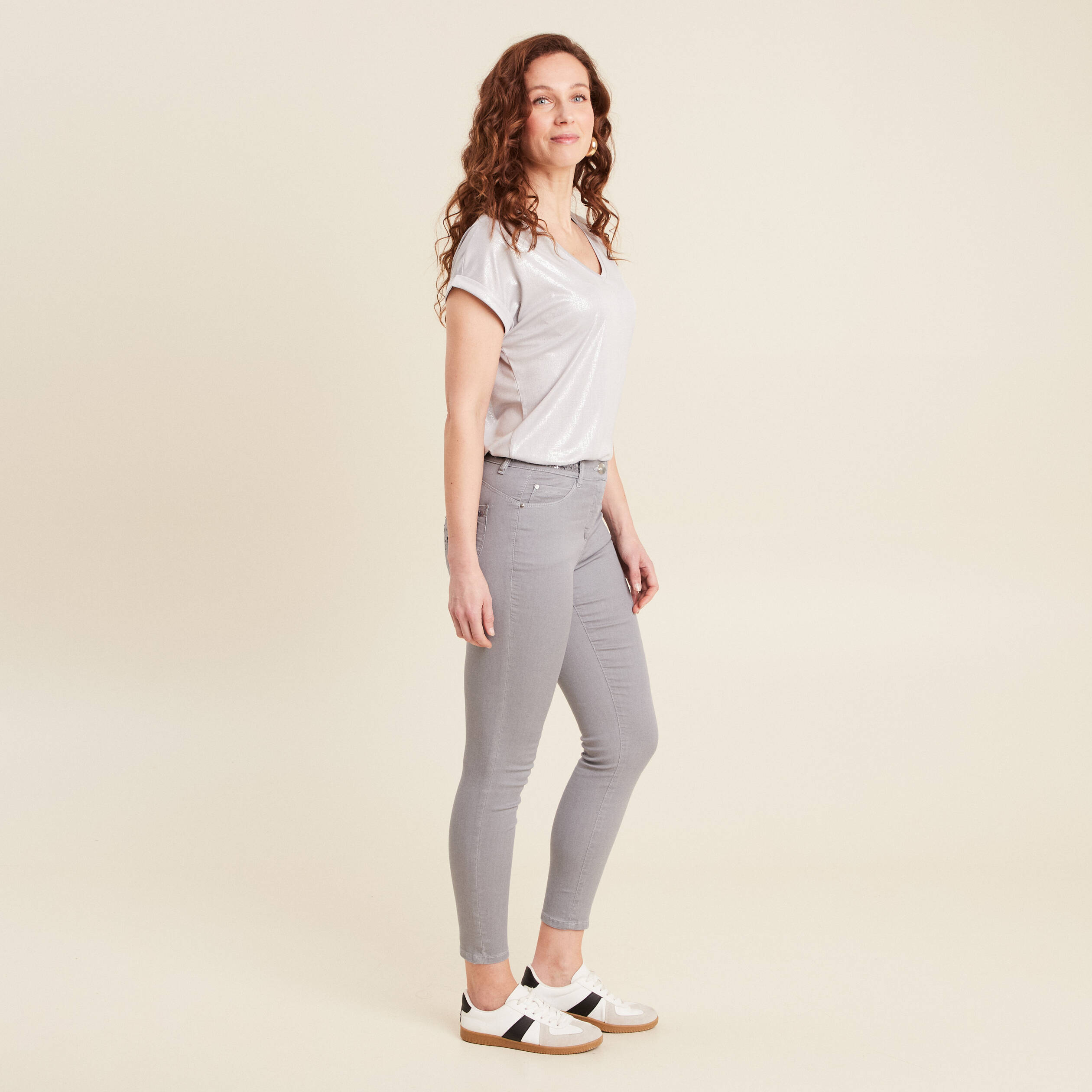Pantalon ajusté sequins denim gris clair femme