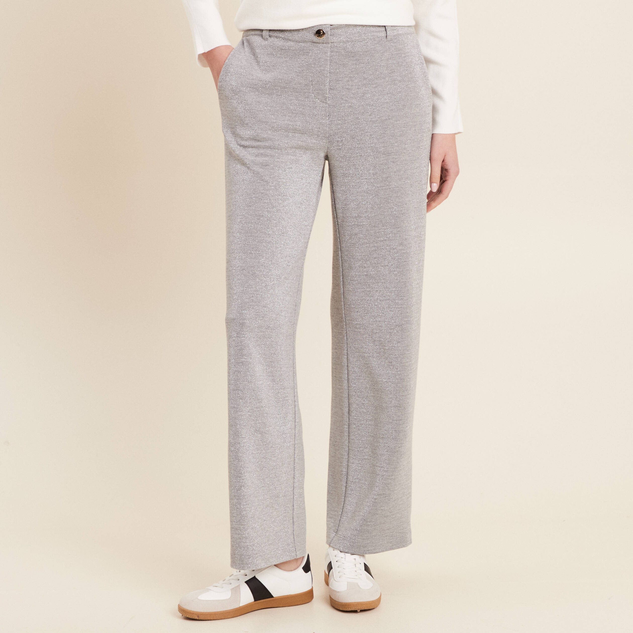 Pantalon large paillettes gris argent femme