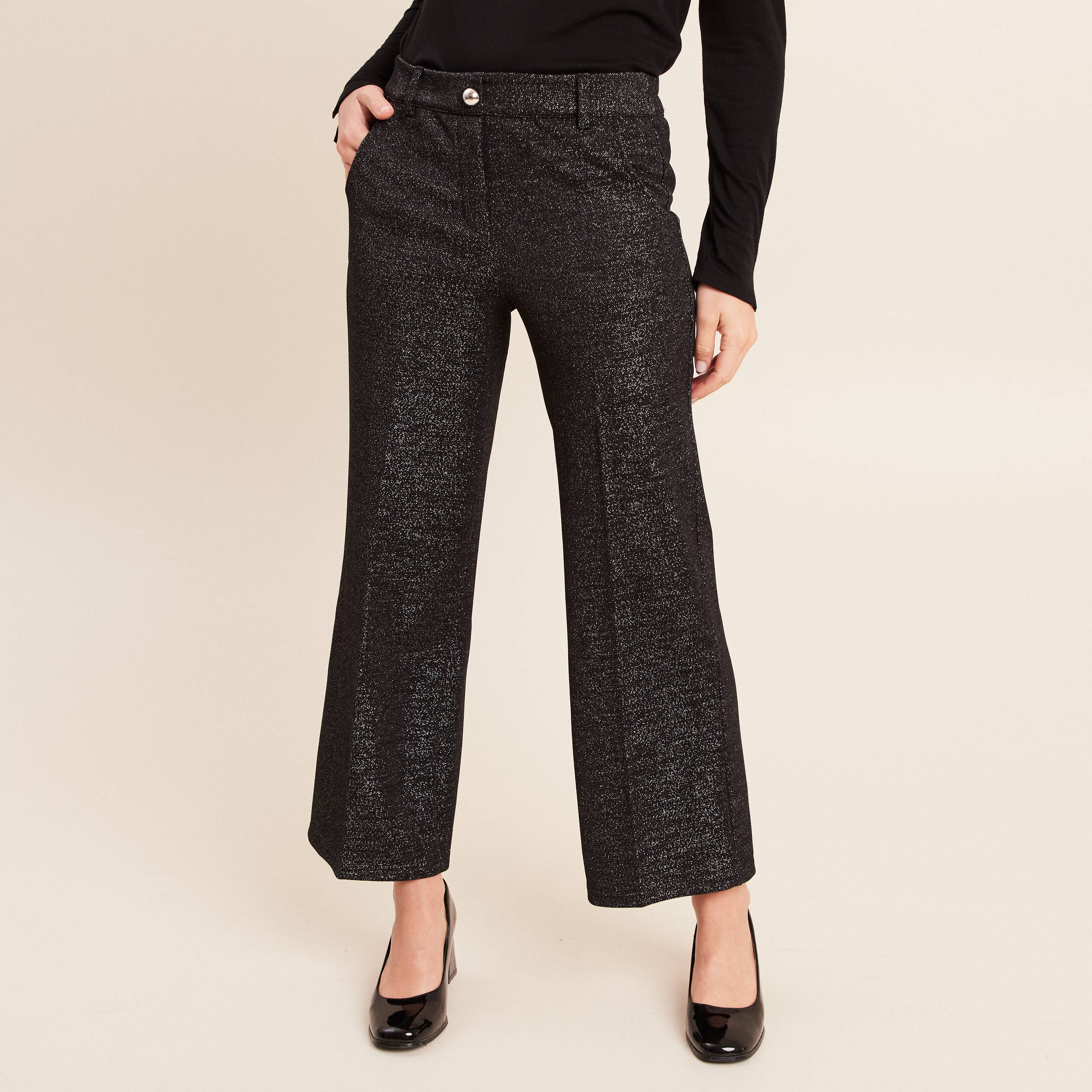 Pantalon large &agrave; paillettes noir femme
