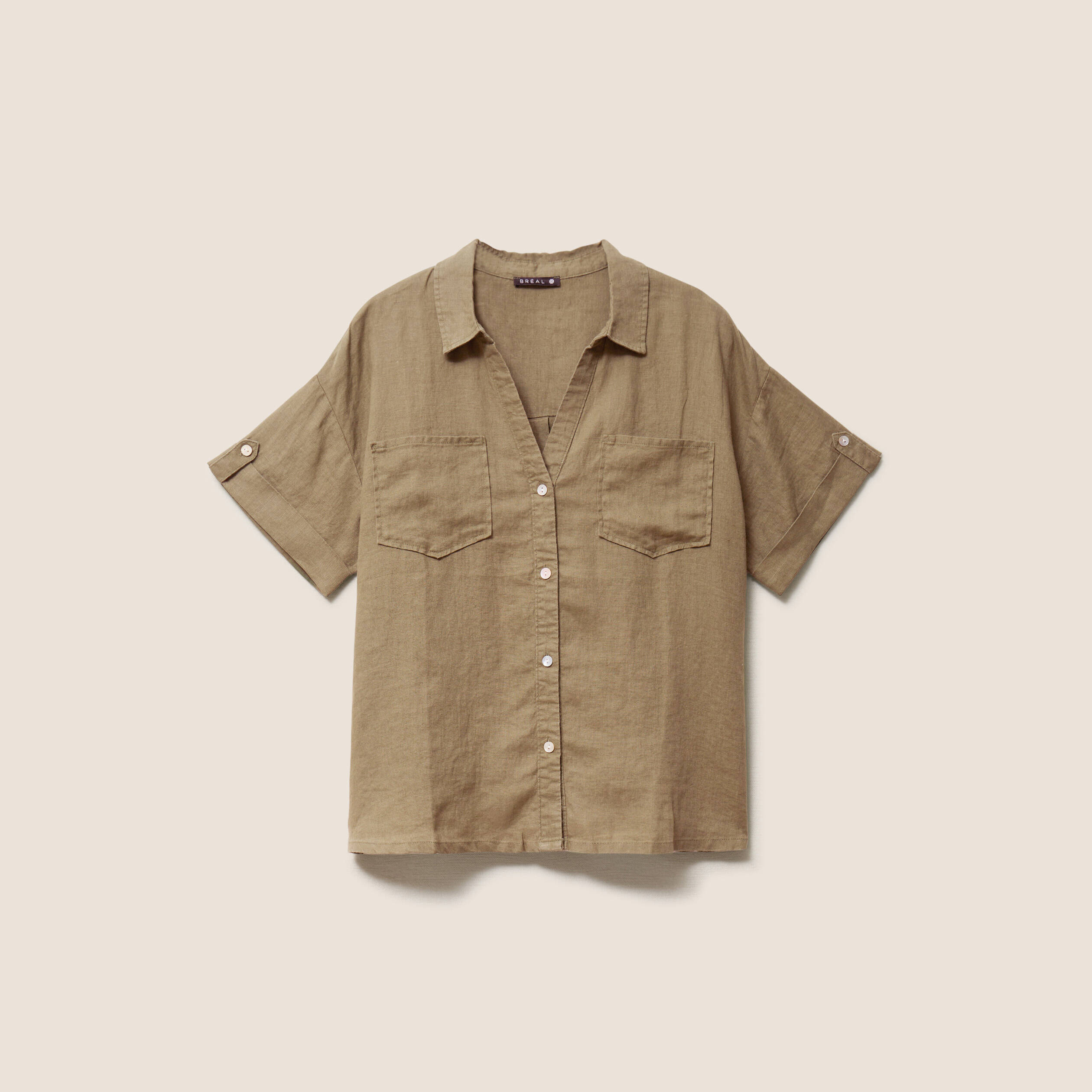 Chemise ample manches courtes aspect lin vert kaki femme