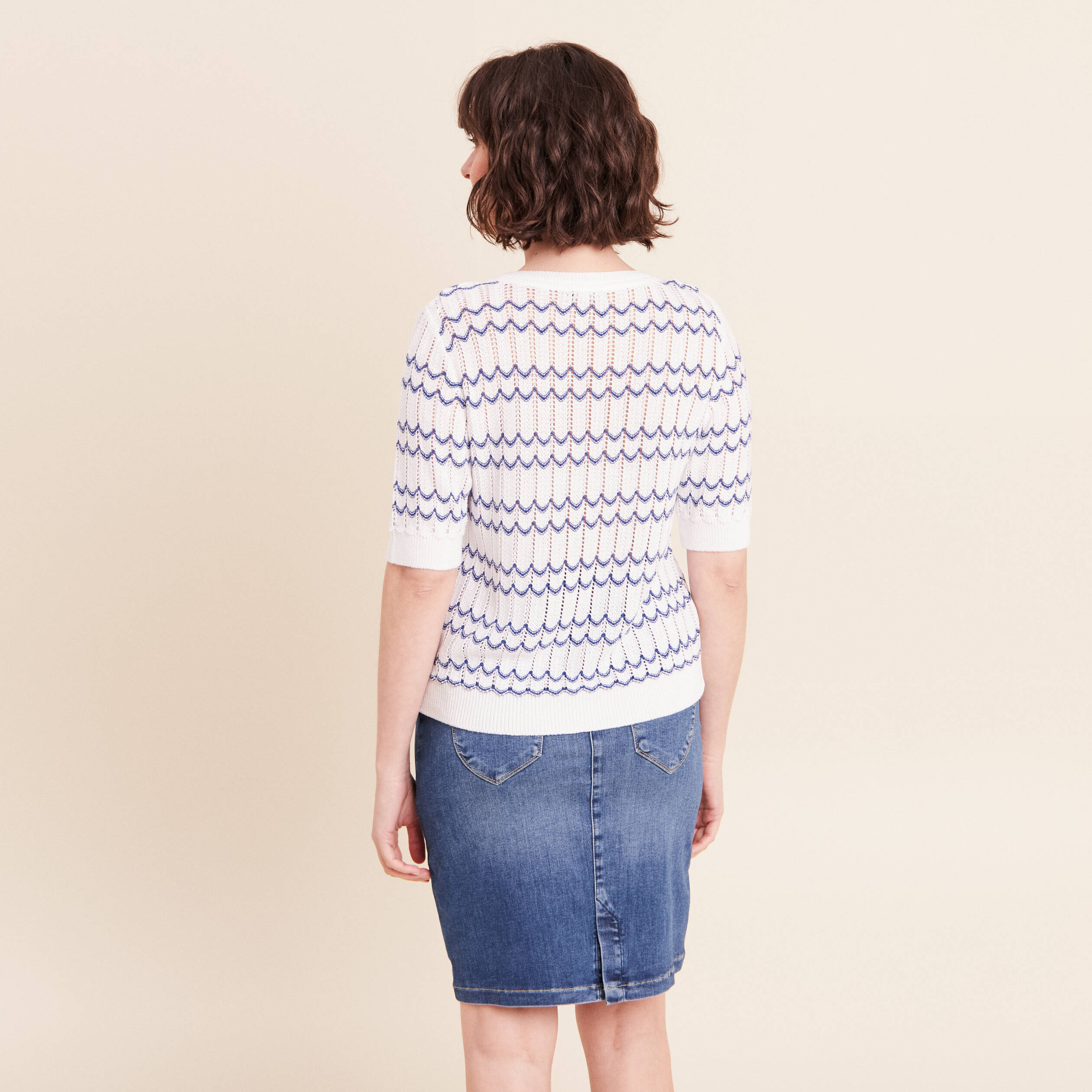 Pull col rond manches courtes bleu femme