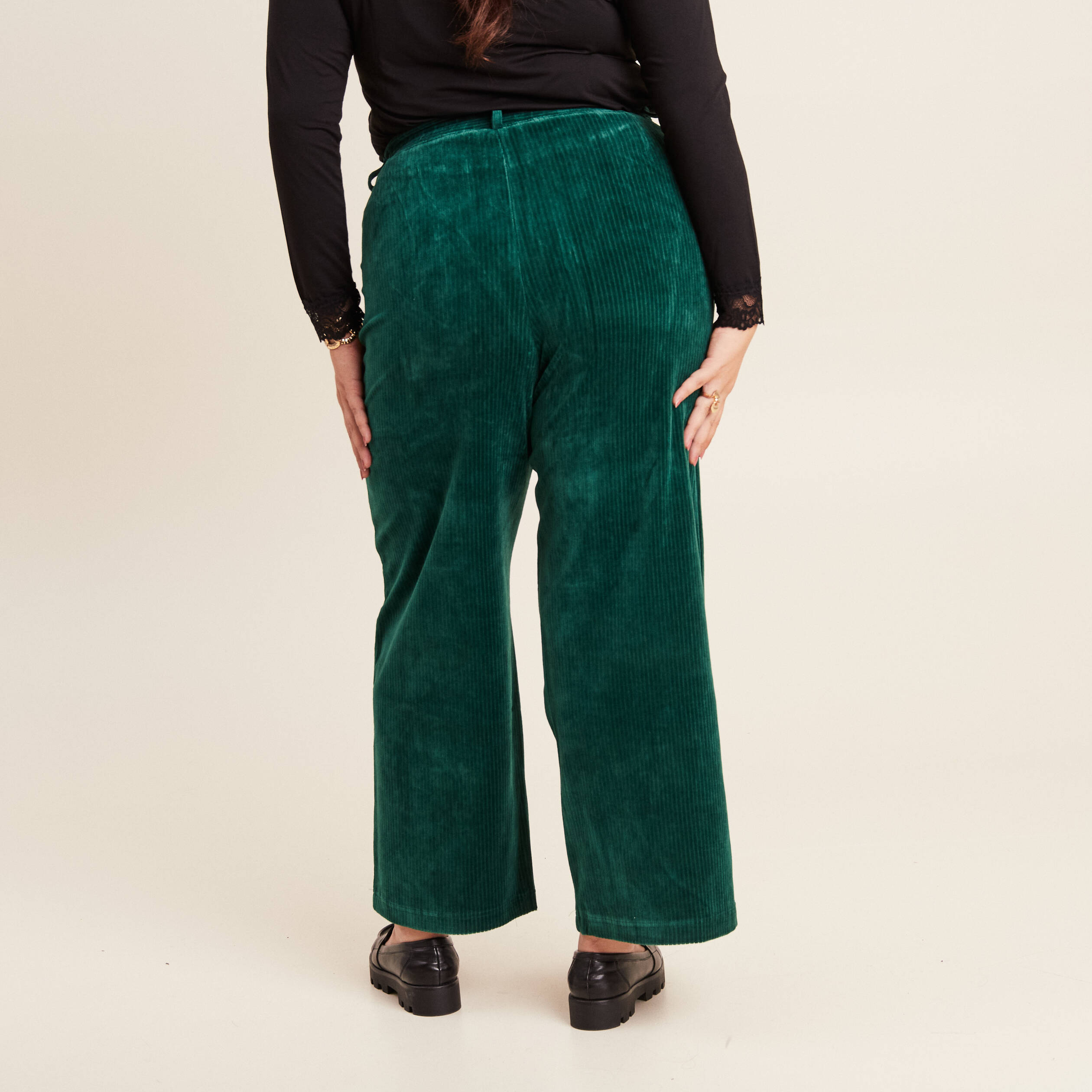 Pantalon large velours vert foncé femme