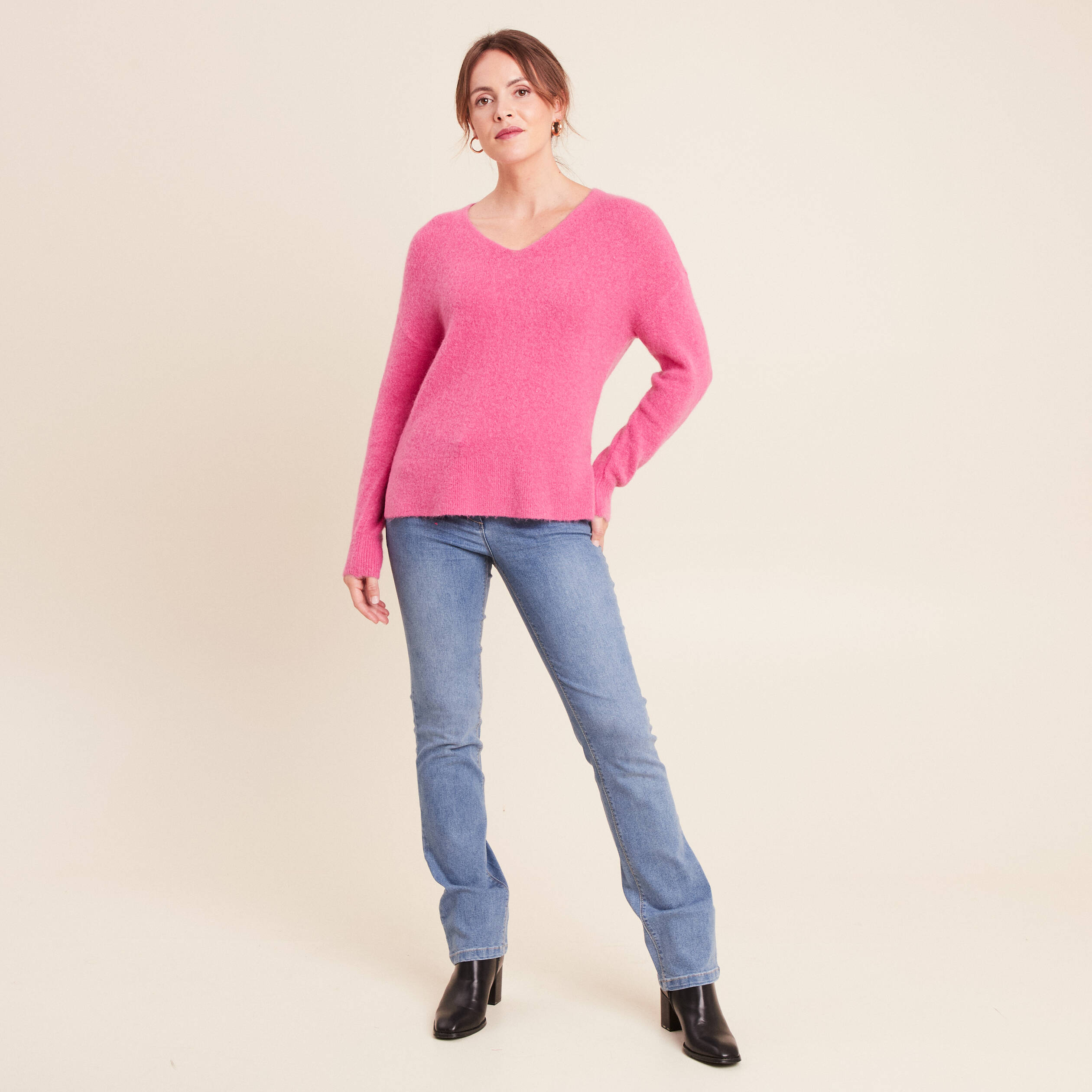 Pull col v manches longues rose fushia femme