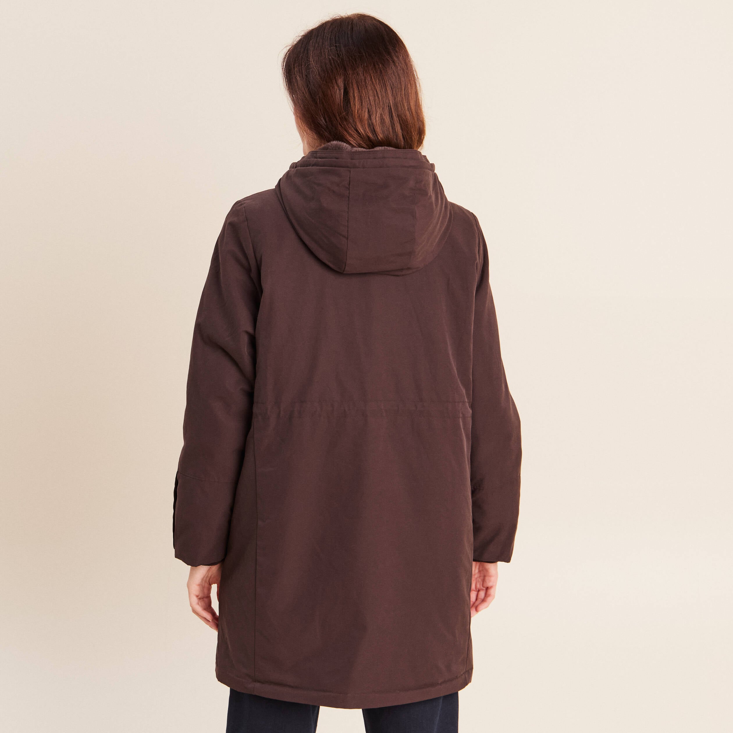 Parka &agrave; capuche taille ajustable marron fonc&eacute; femme