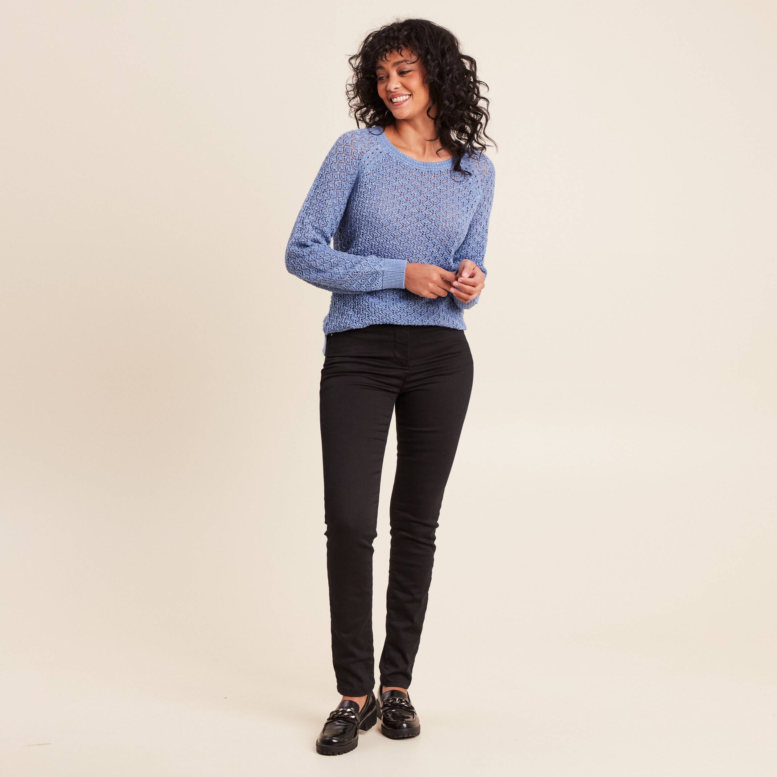 Pull col rond manches longues bleu ciel femme