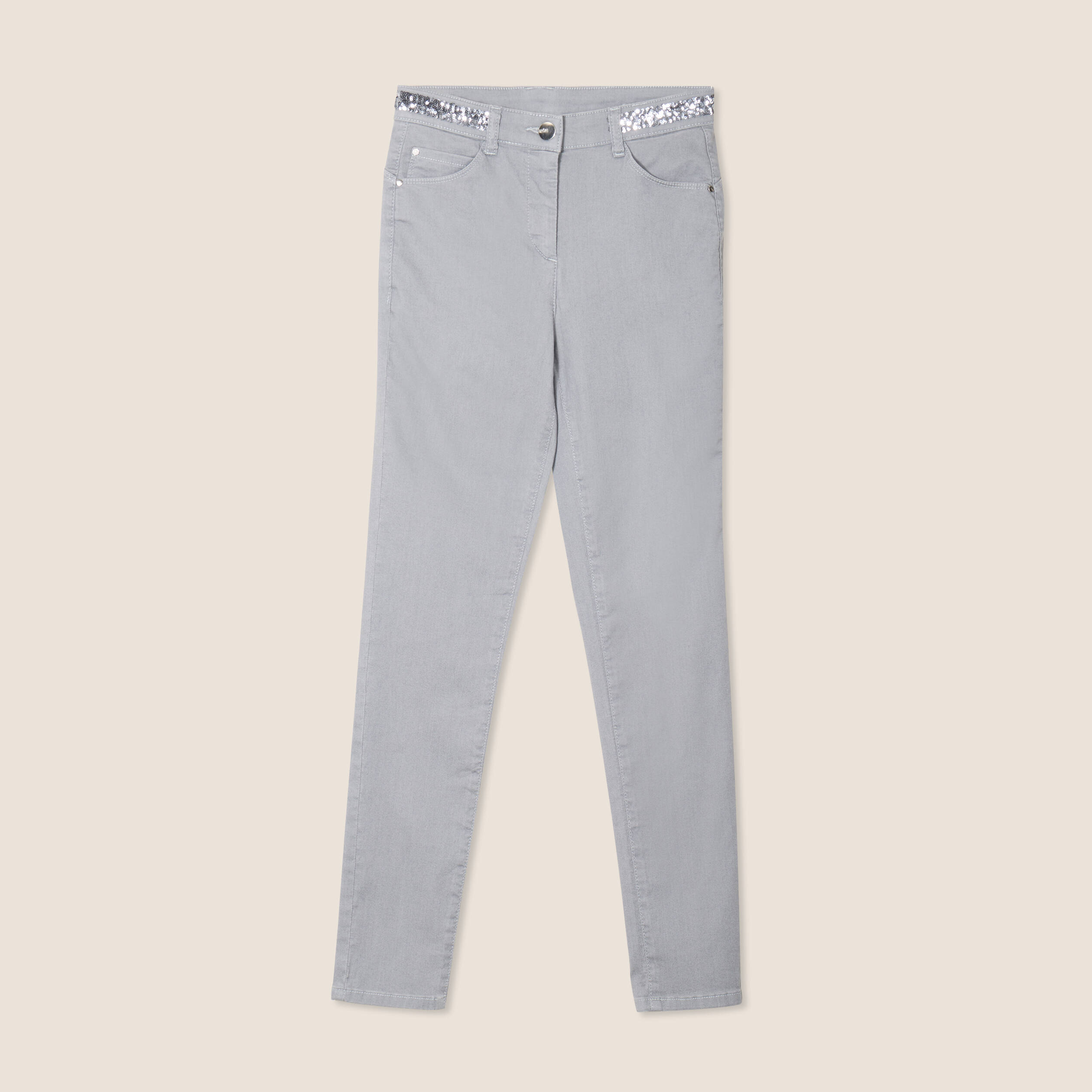 Pantalon ajusté sequins denim gris clair femme