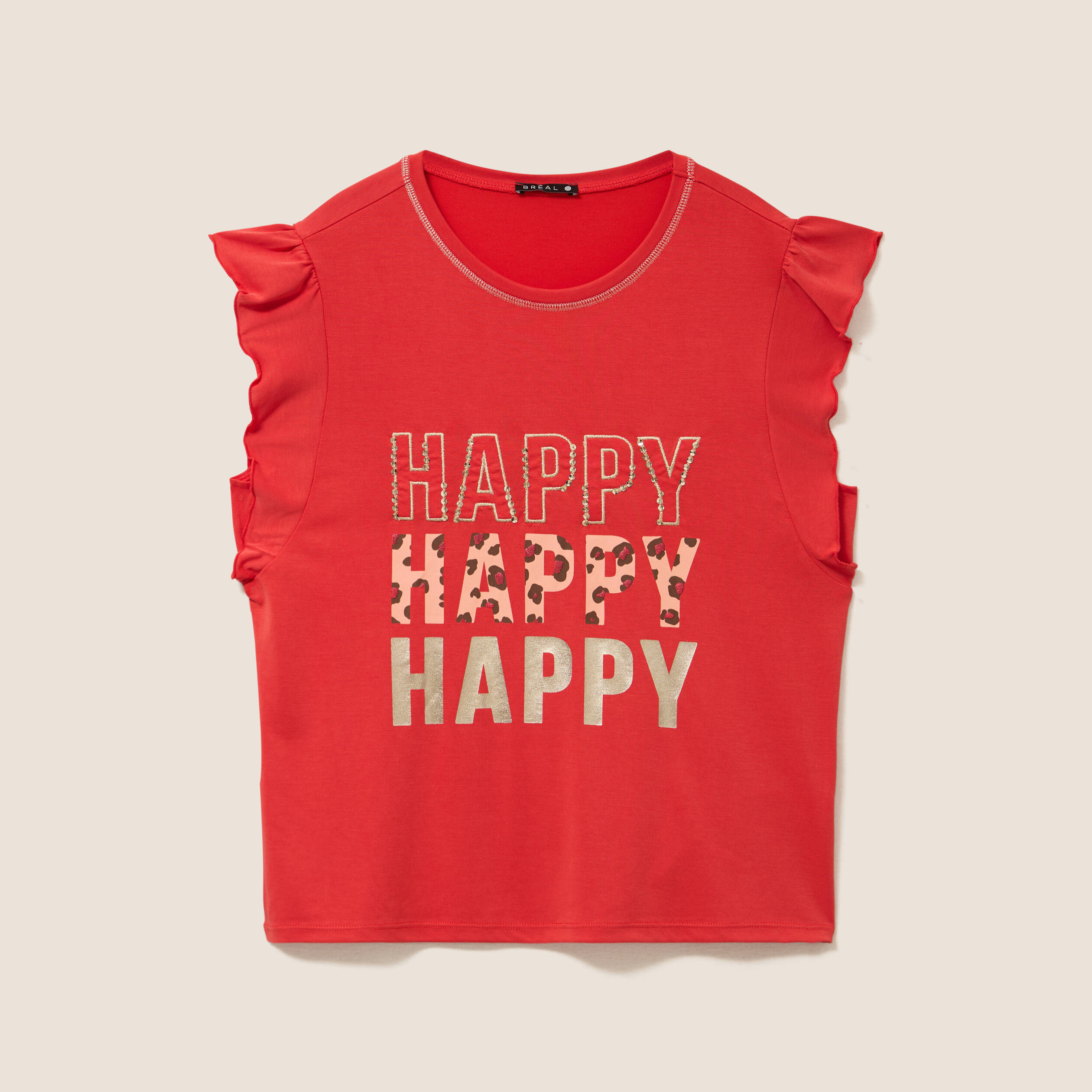 T-shirt manches courtes &agrave; volants orange fonc&eacute; femme