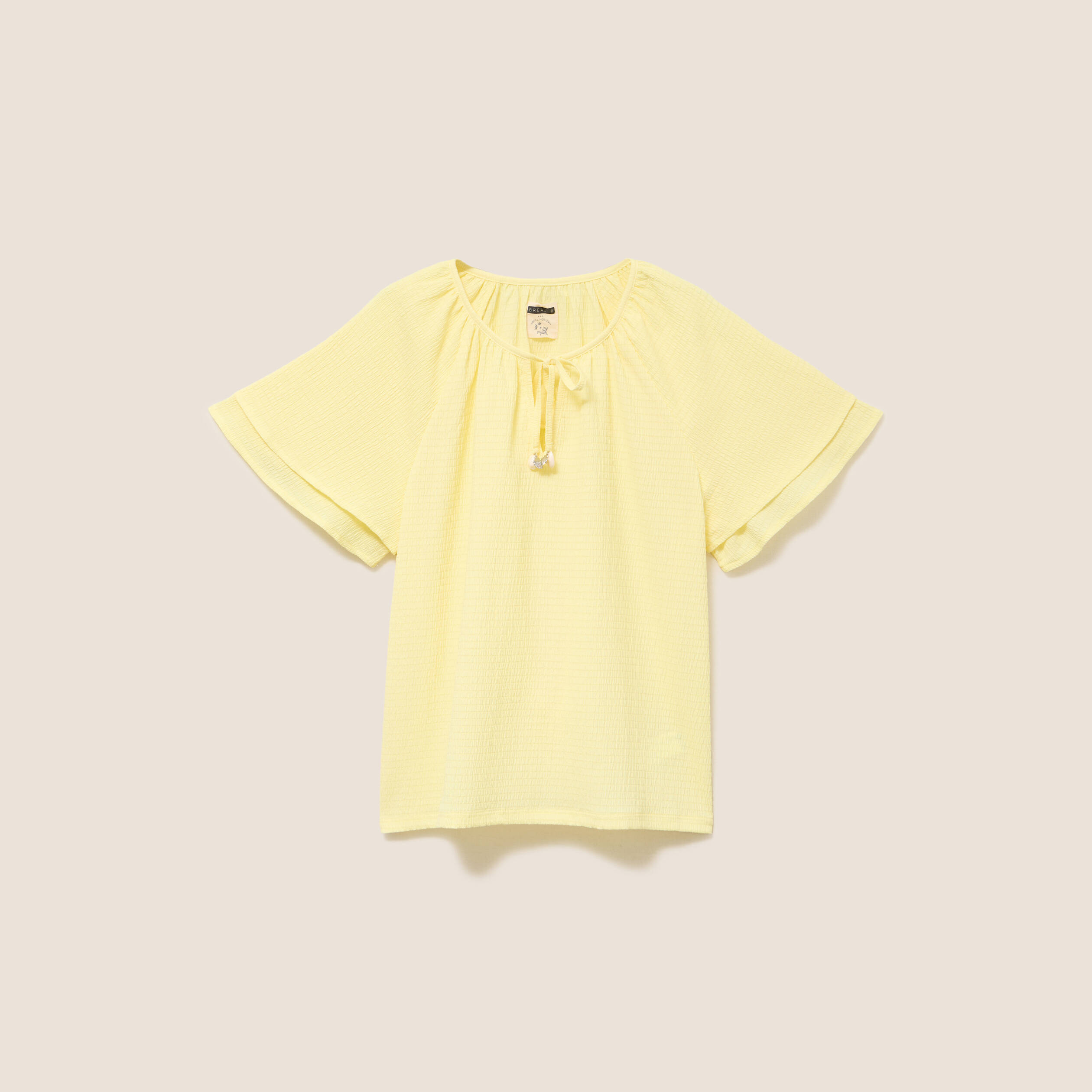 Blouse col v manches coudes jaune pastel femme