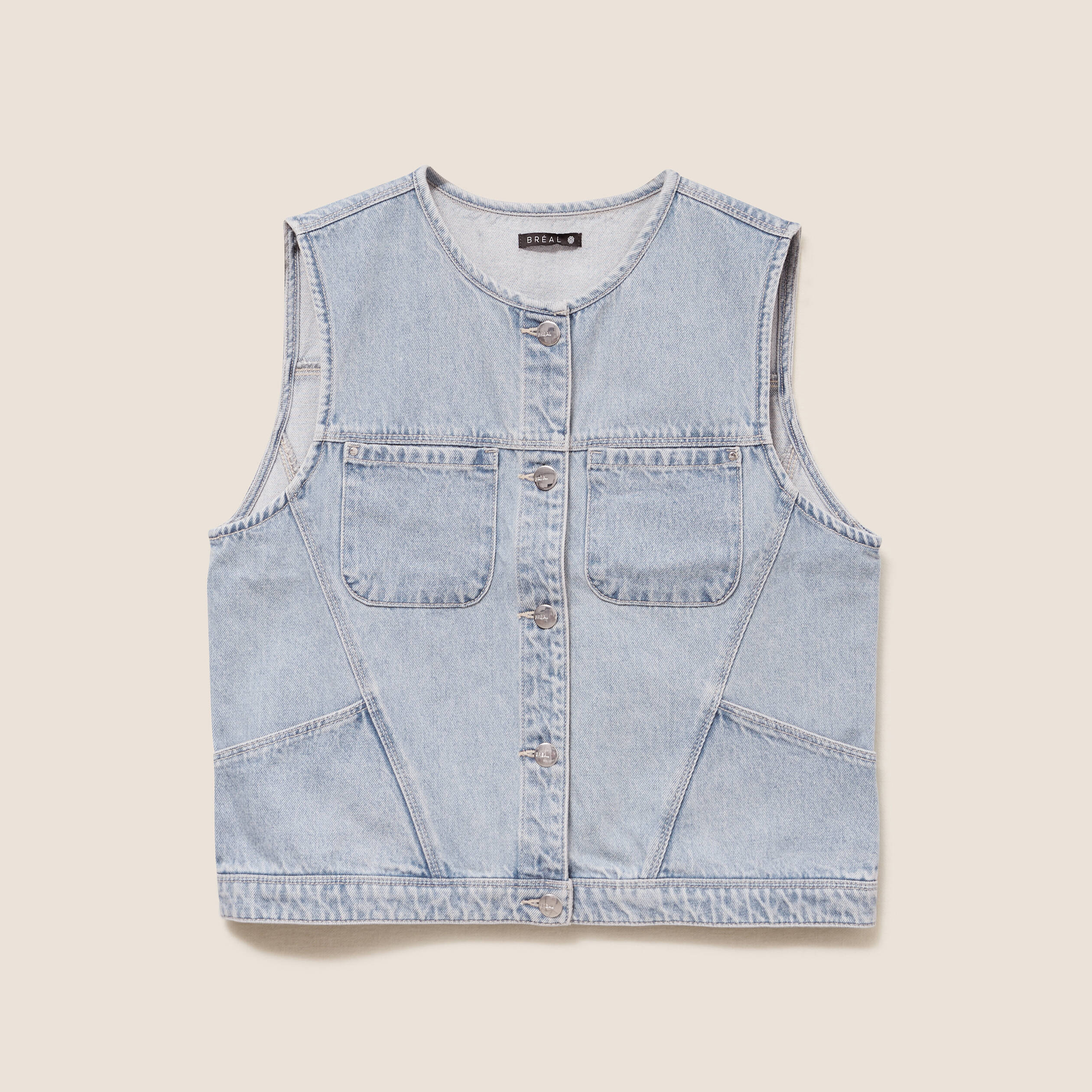Veste cintr&eacute;e sans manches en jean denim double stone femme