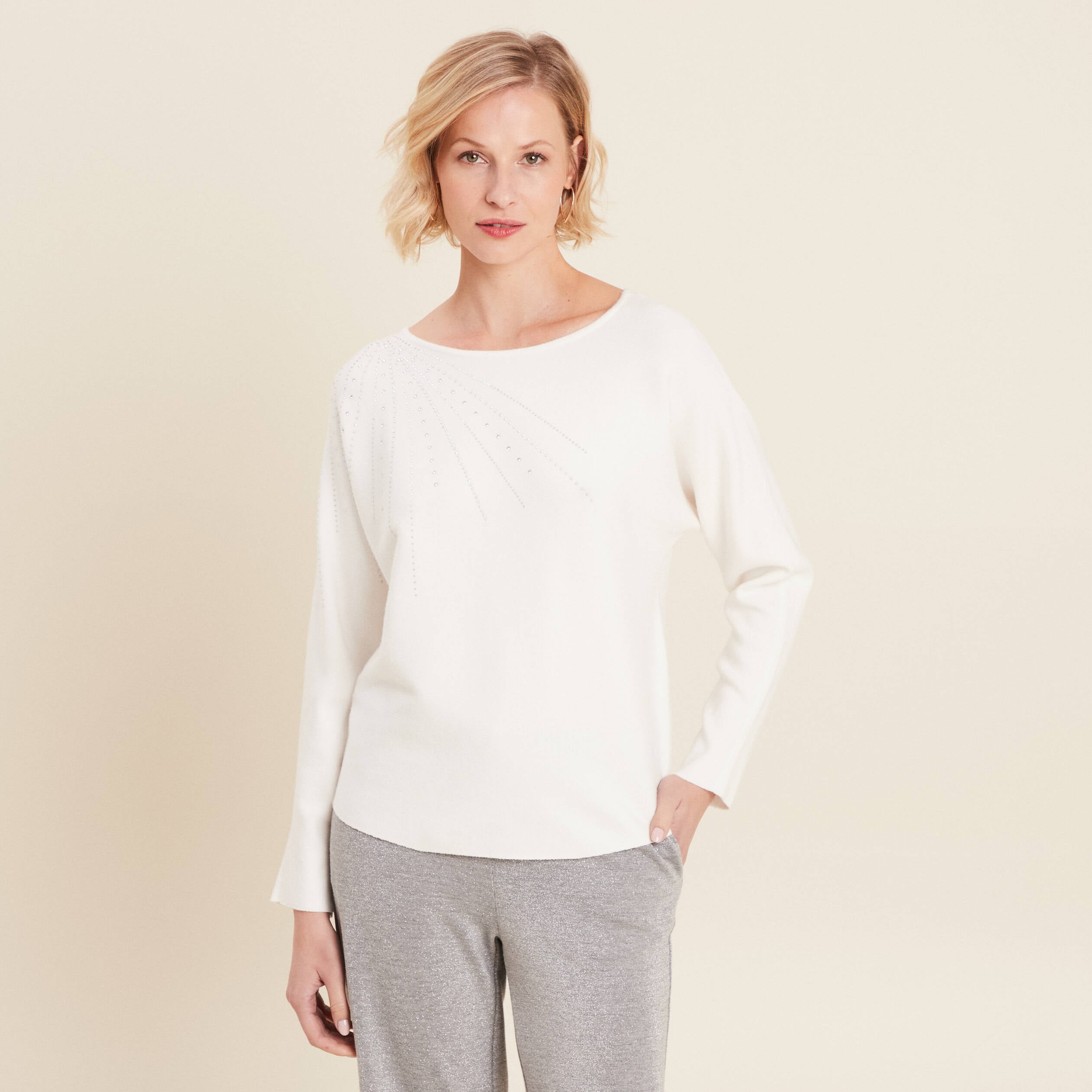 Pull manches longues strass ecru femme