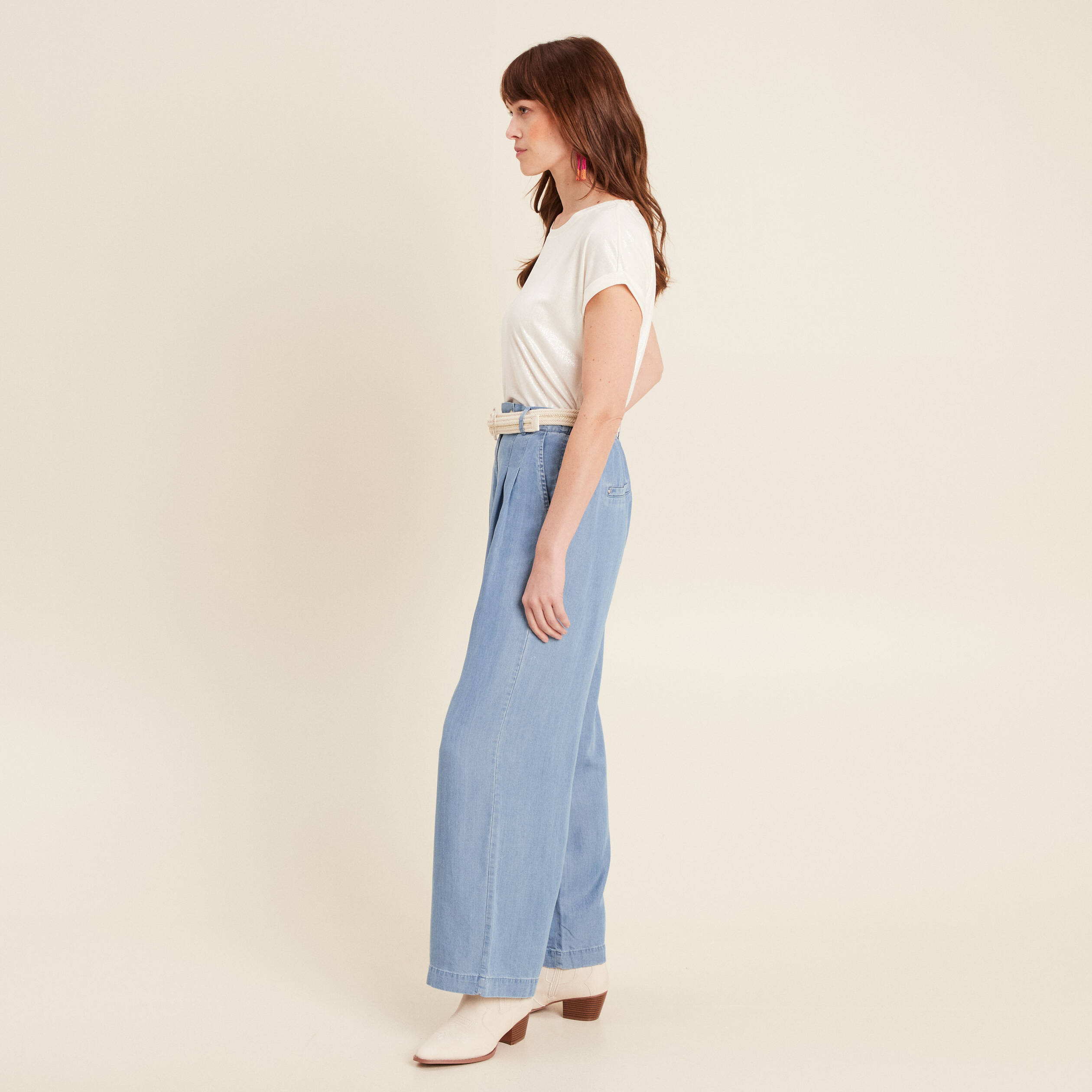 Pantalon large taille haute denim double stone femme