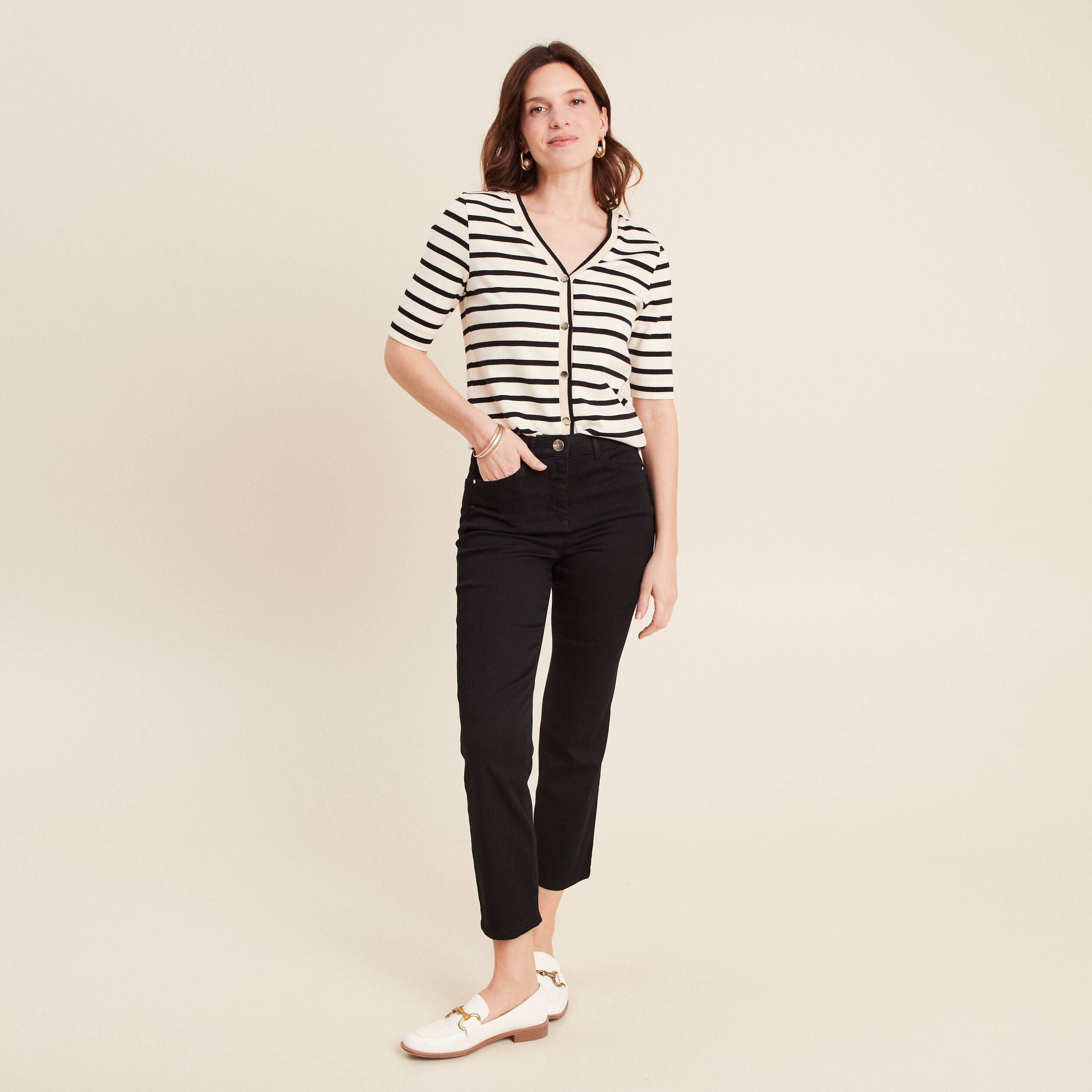 T-shirt col V en coton blanc femme