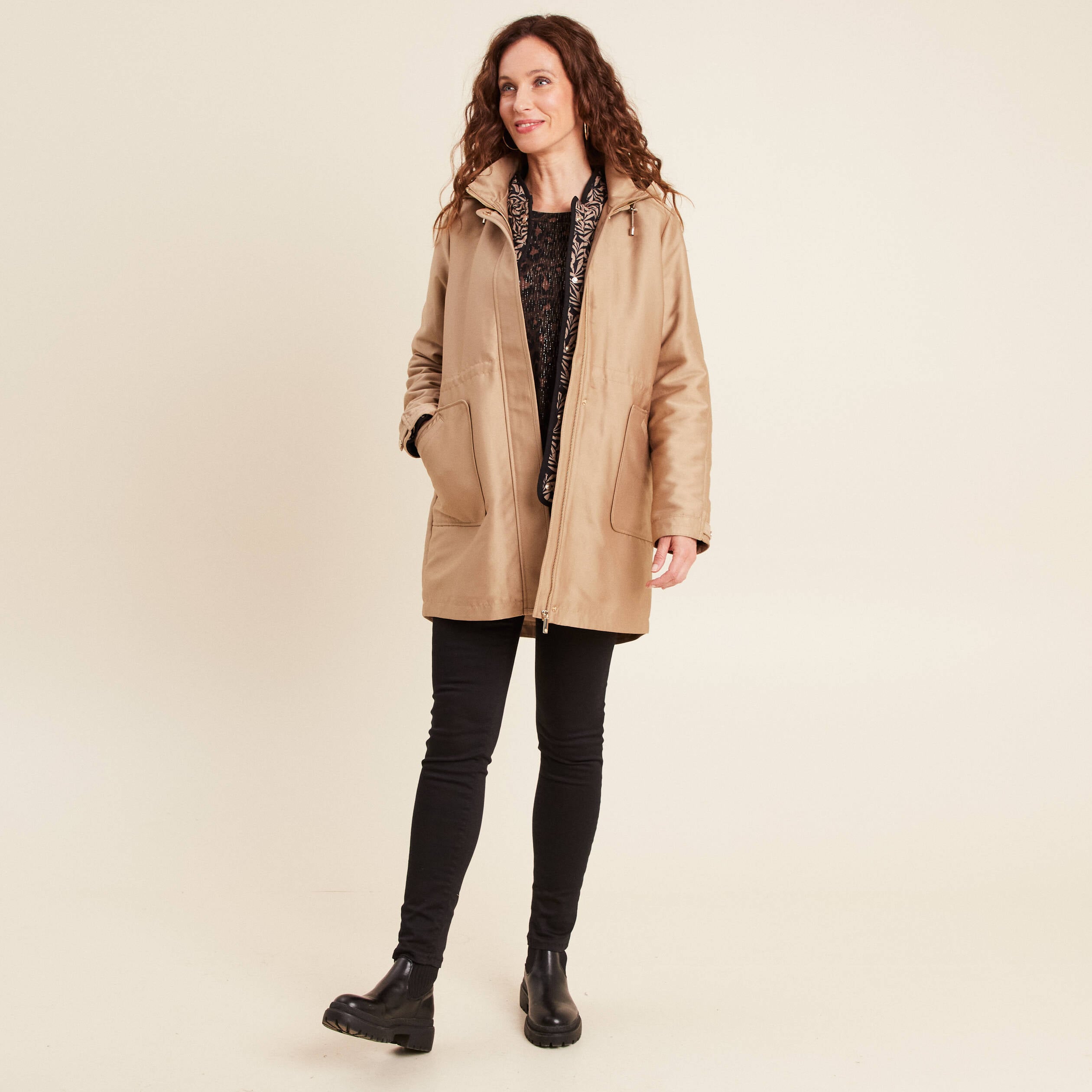 Parka cintr&eacute;e 4 en 1 avec capuche sable femme