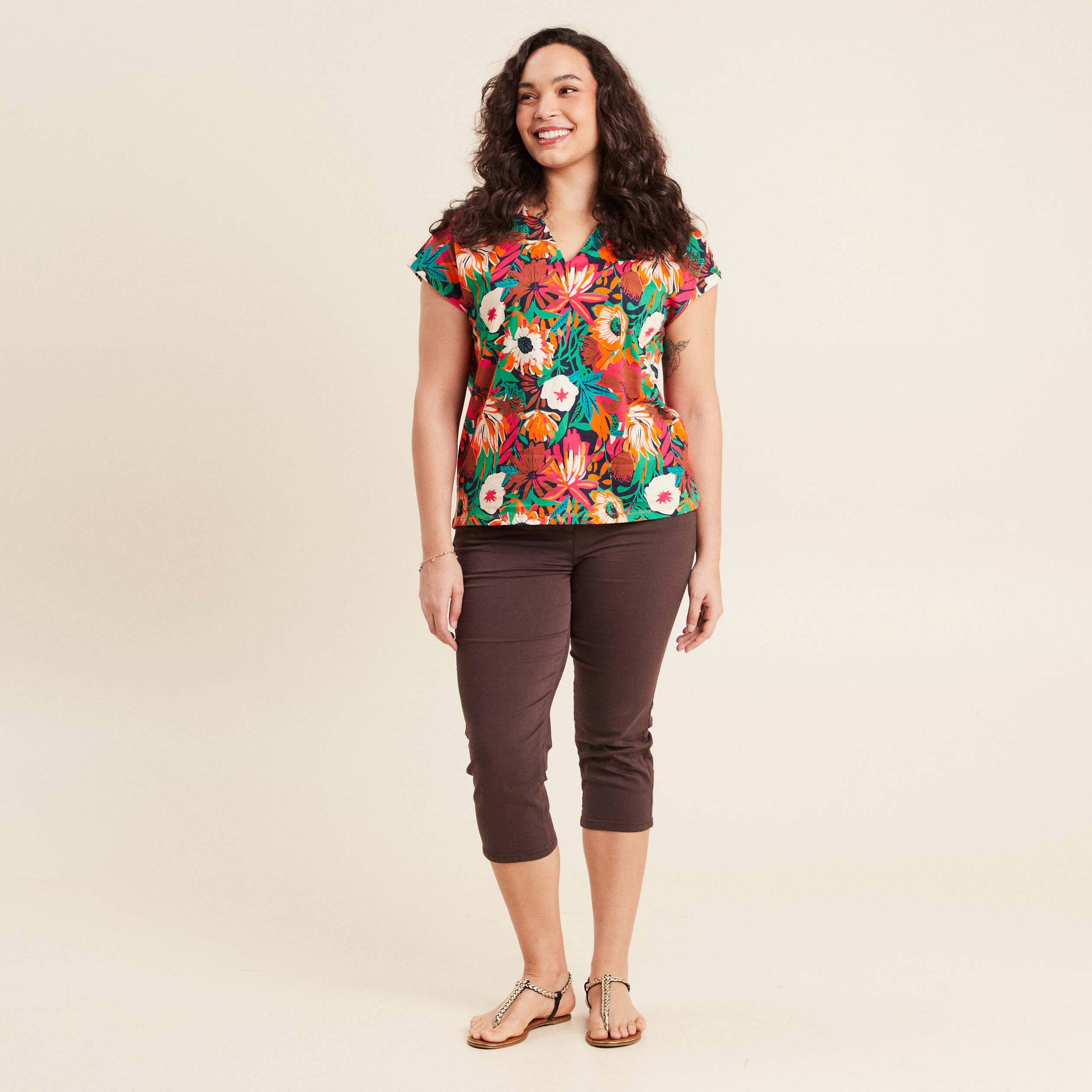 Pantacourt droit taille standard marron femme