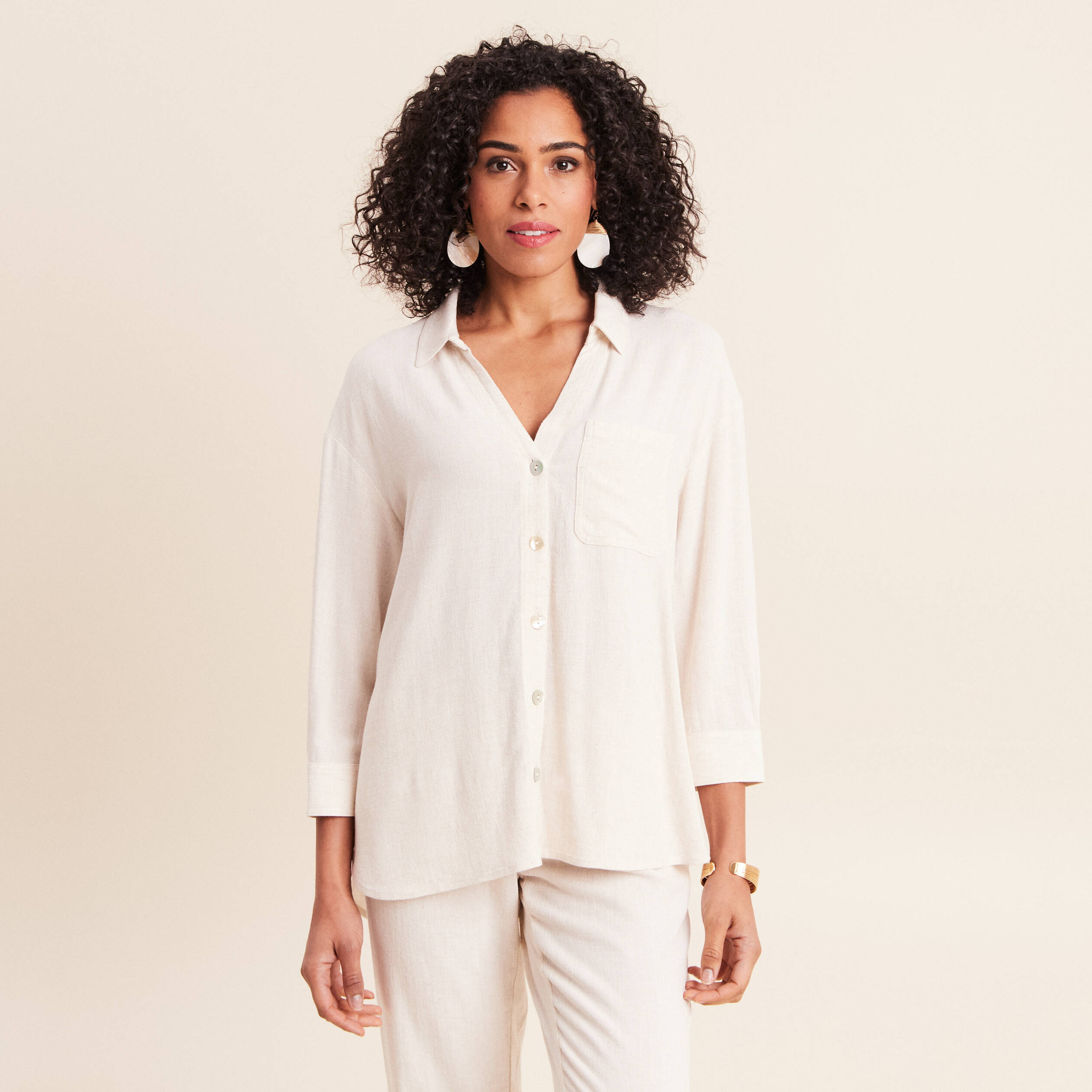 Chemise ample manches 3/4 beige femme
