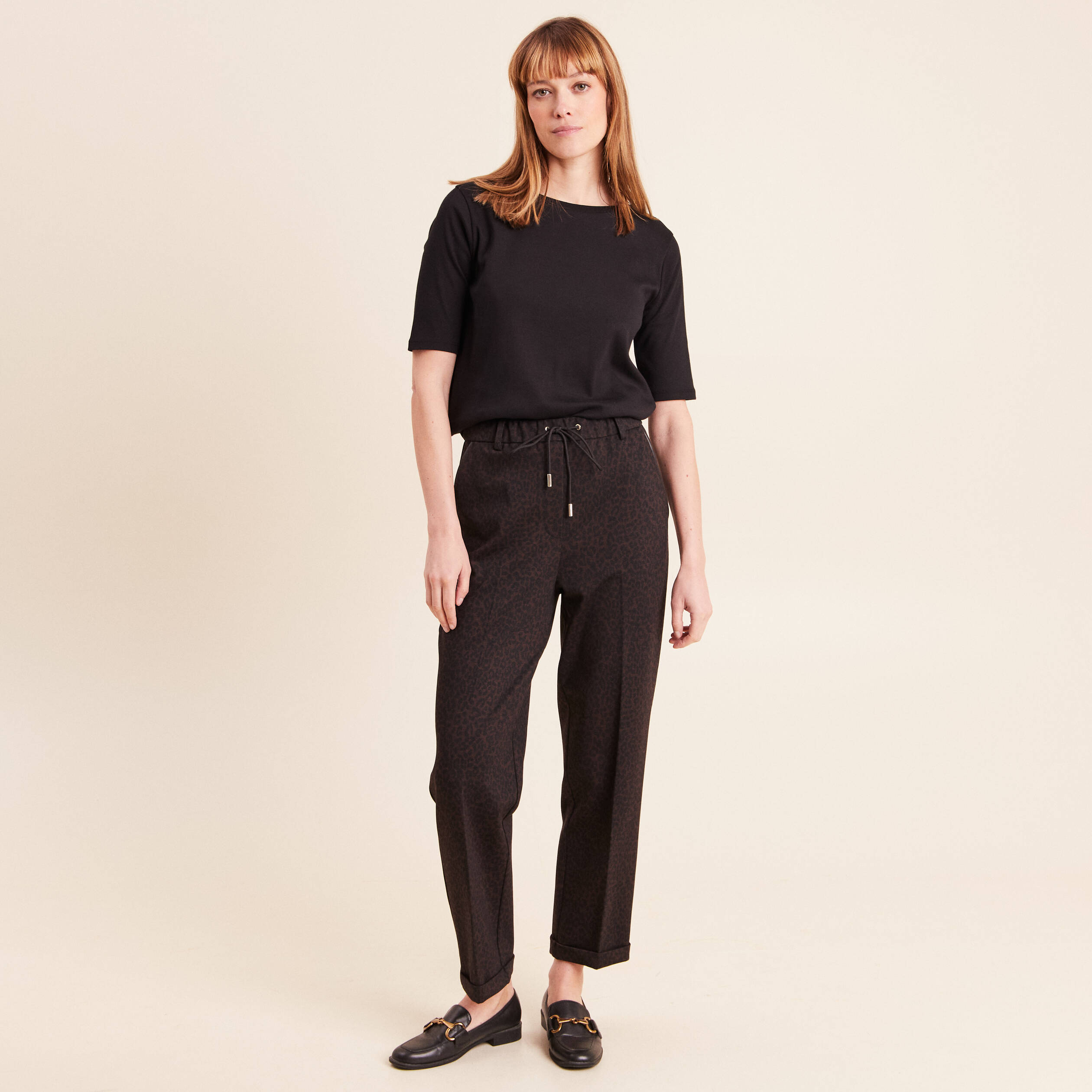 Jogging imprim&eacute; l&eacute;opard taille bascul&eacute;e marron femme