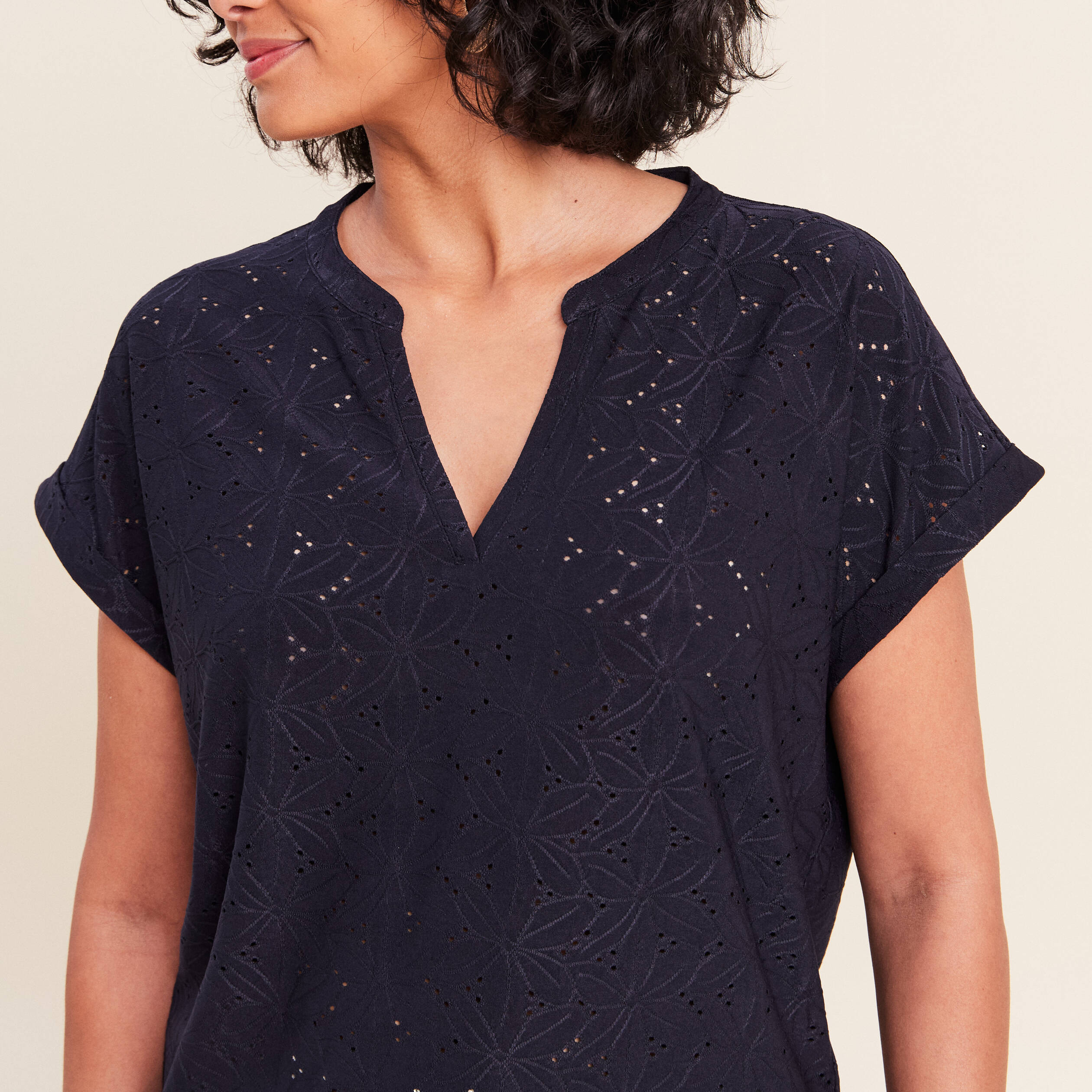 T-shirt droit manches courtes bleu marine femme