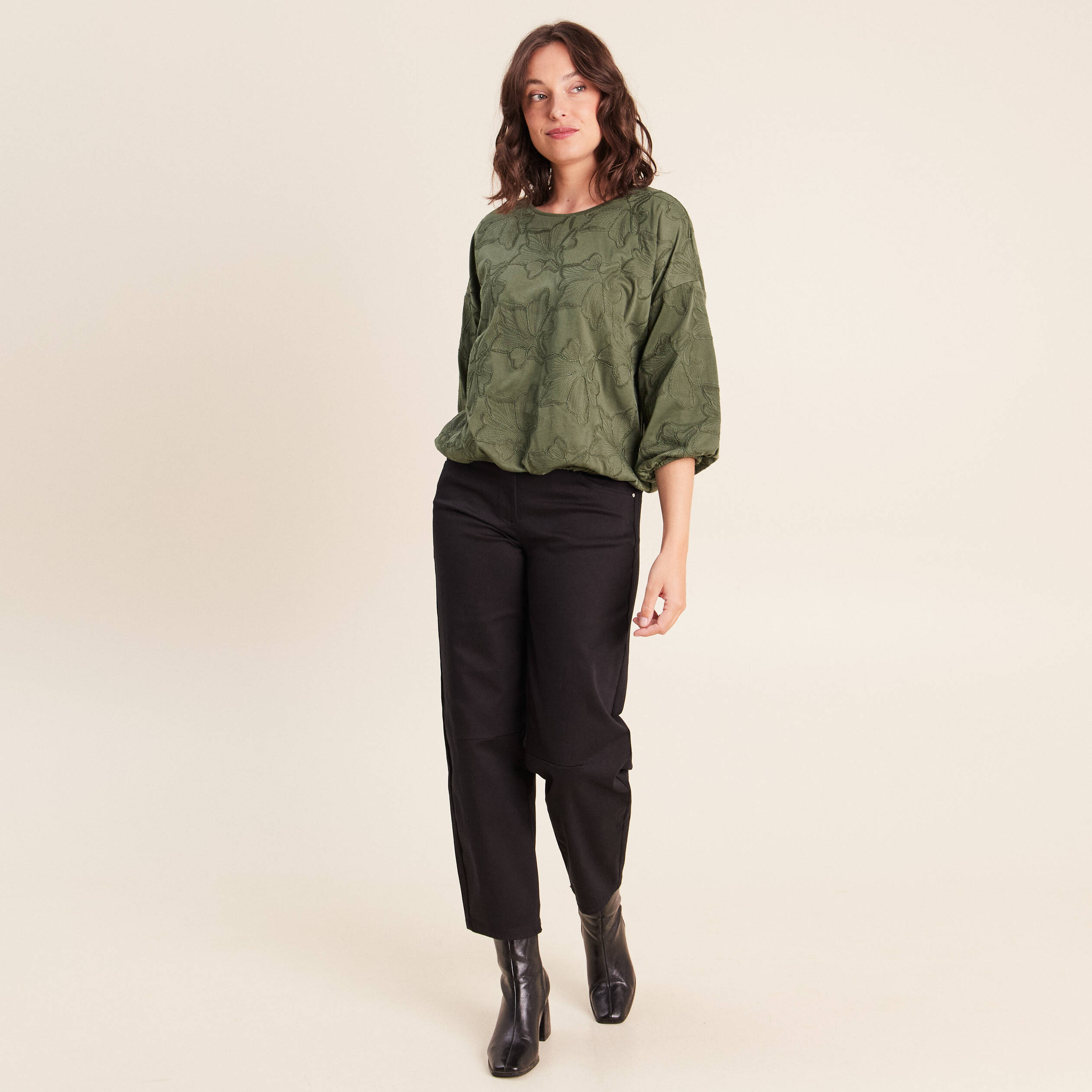Blouse col rond manches 3/4 bas resserr&eacute; vert kaki femme