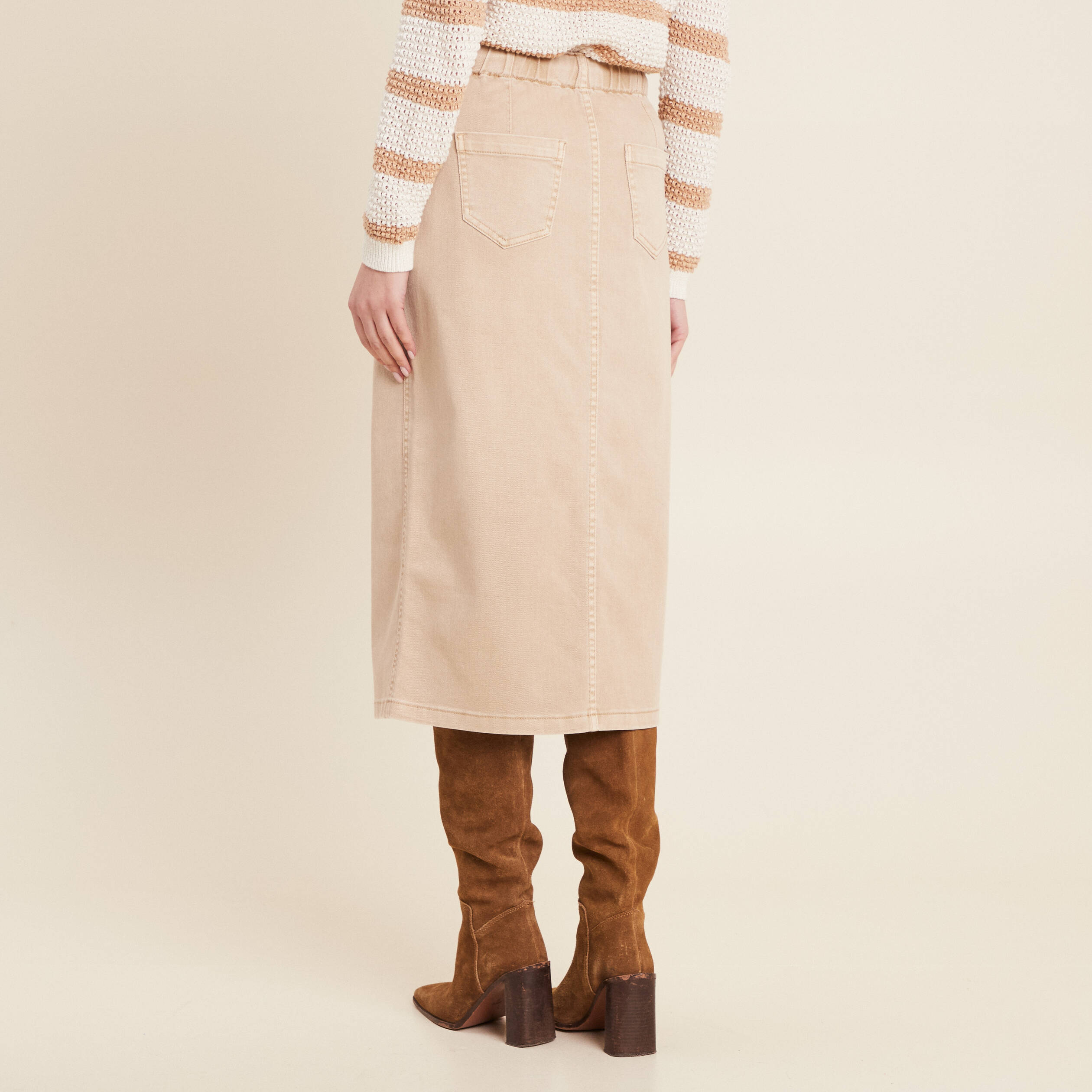 jupe longue droite en jean denim beige femme Jupe longue droite en jean denim beige femme