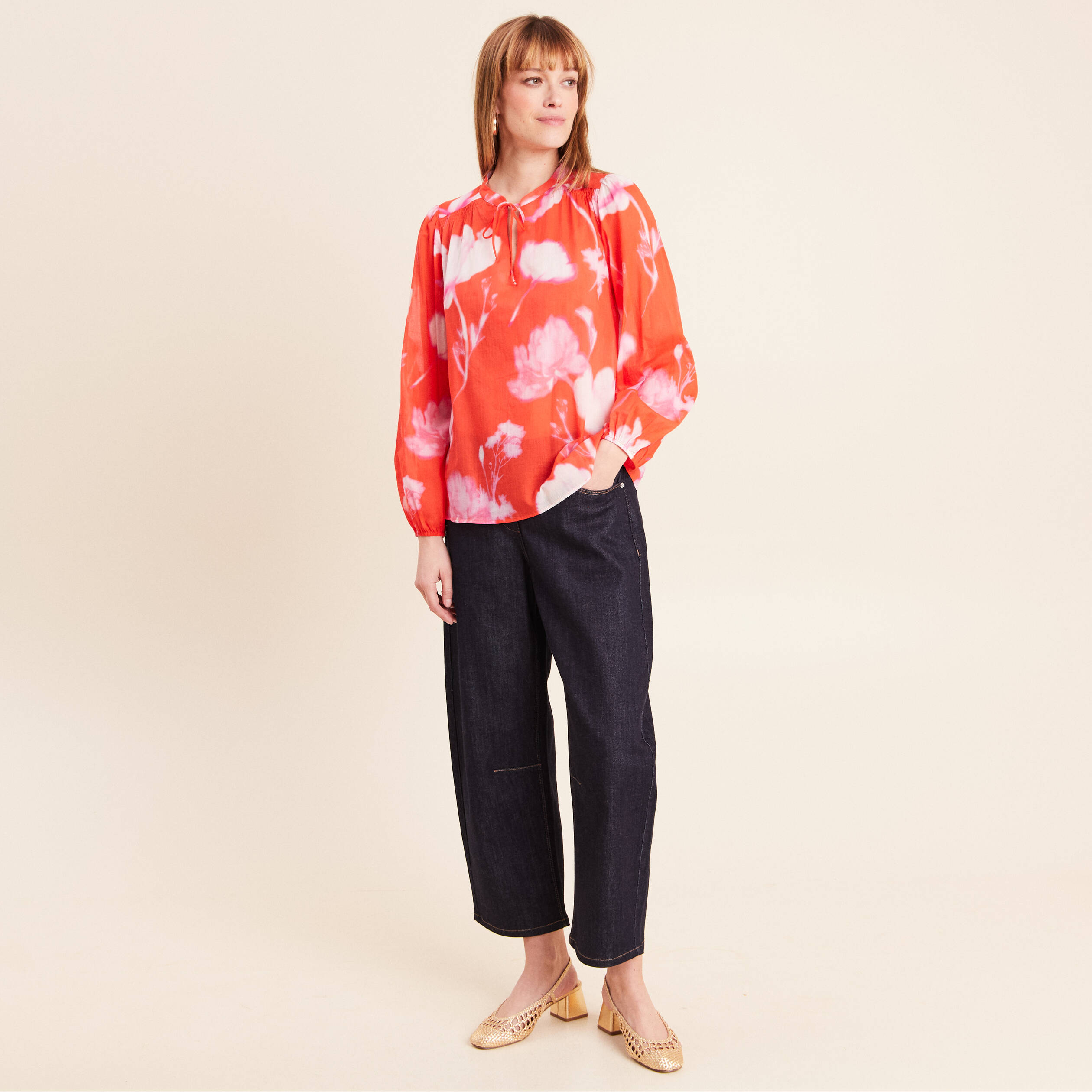 Blouse ample en voile manches longues rouge femme