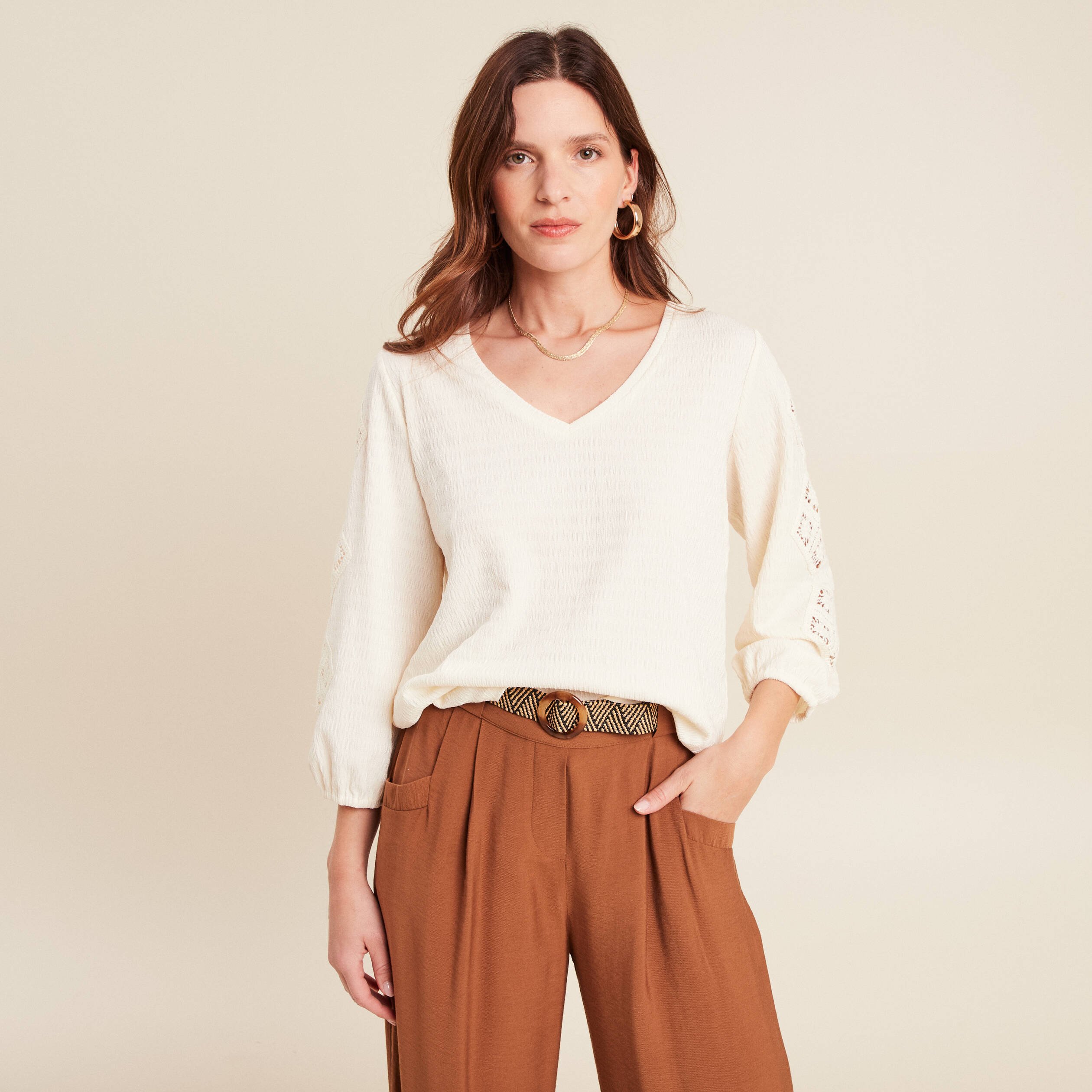 blouse macrame col v manches 34 ecru femme blouse macramé col V manches 3/4 ecru femme