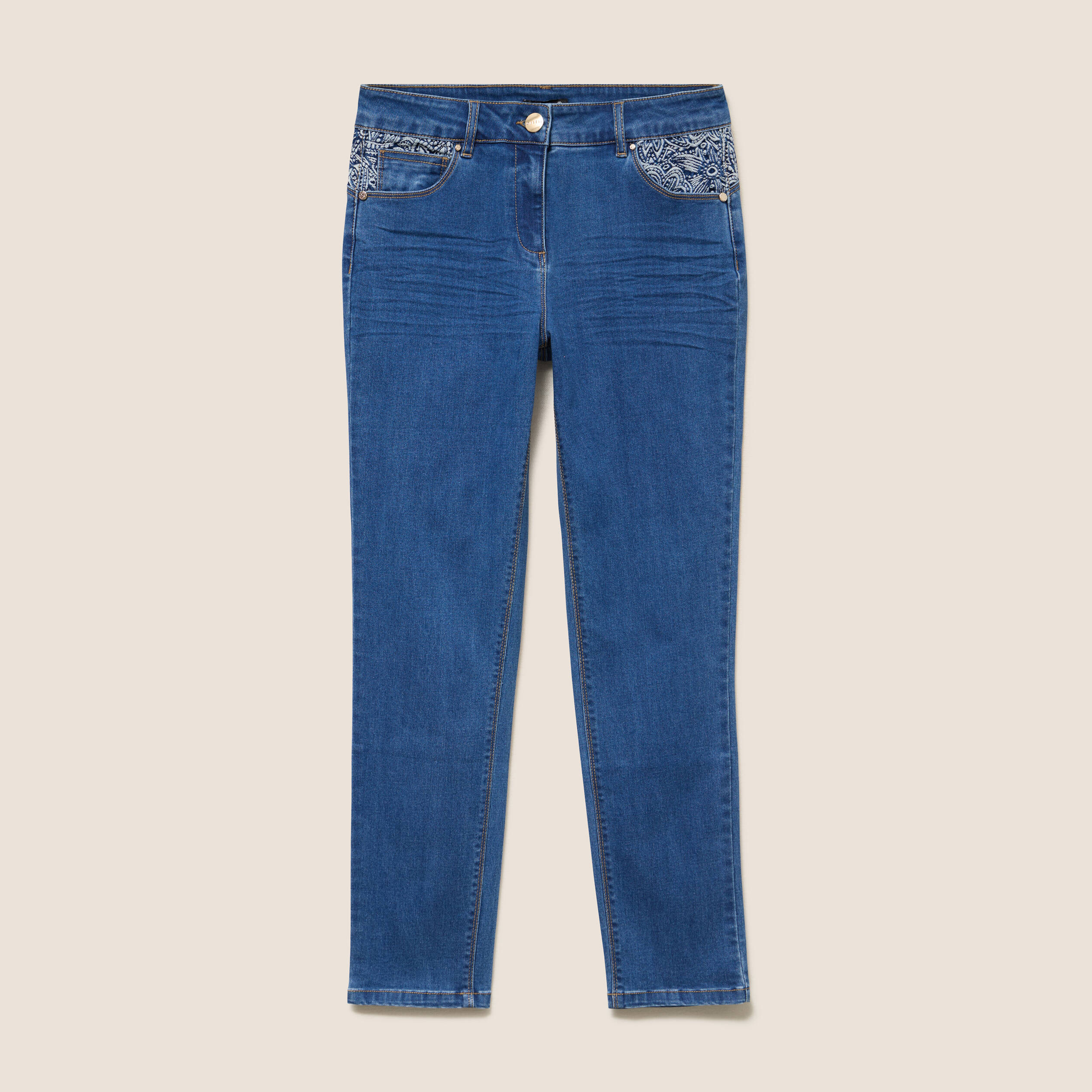 Jean ajust&eacute; 7/8&egrave;me taille bascul&eacute;e denim stone femme