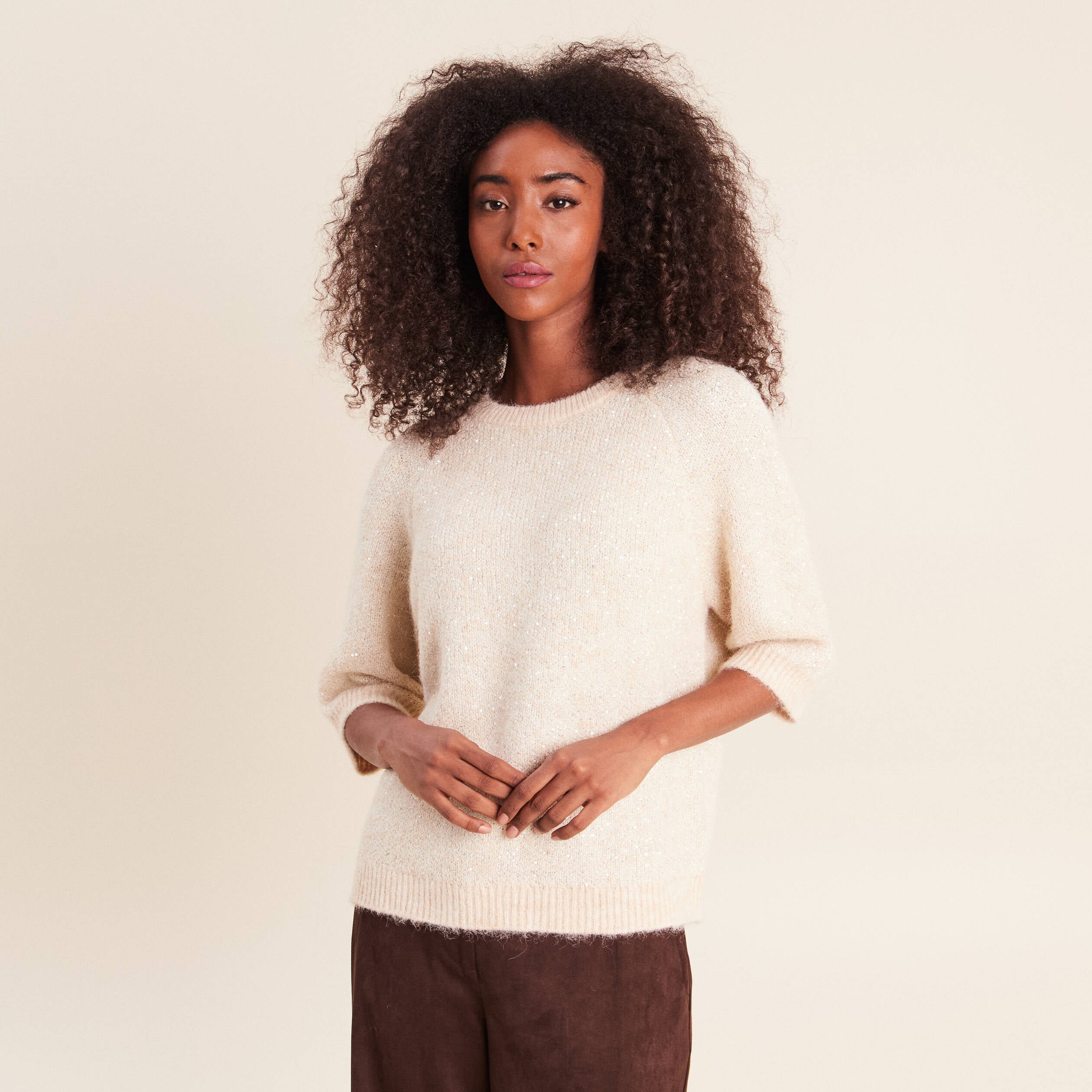 Pull col rond &agrave; sequins beige femme