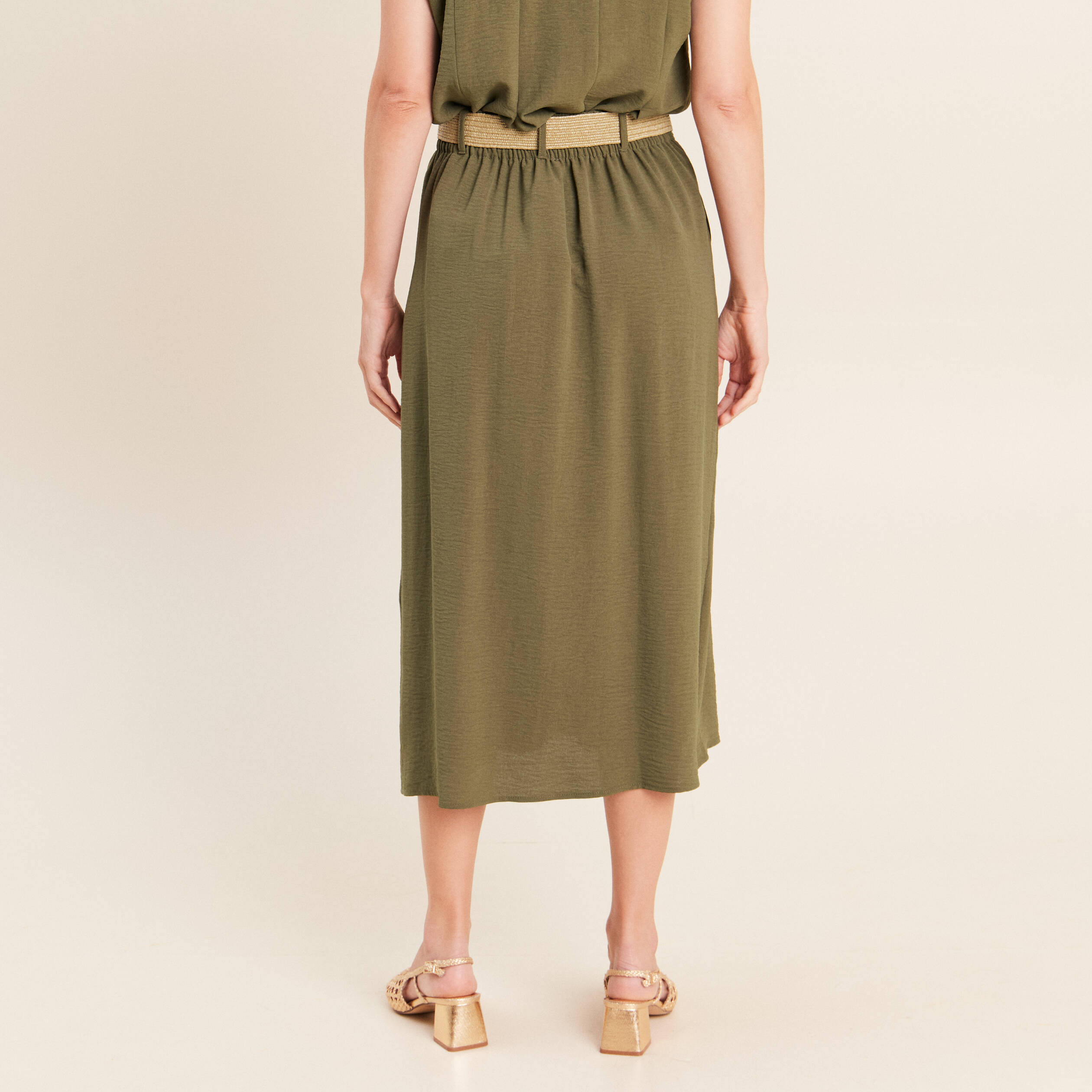 Jupe longue &eacute;vas&eacute;e ceintur&eacute;e vert kaki femme