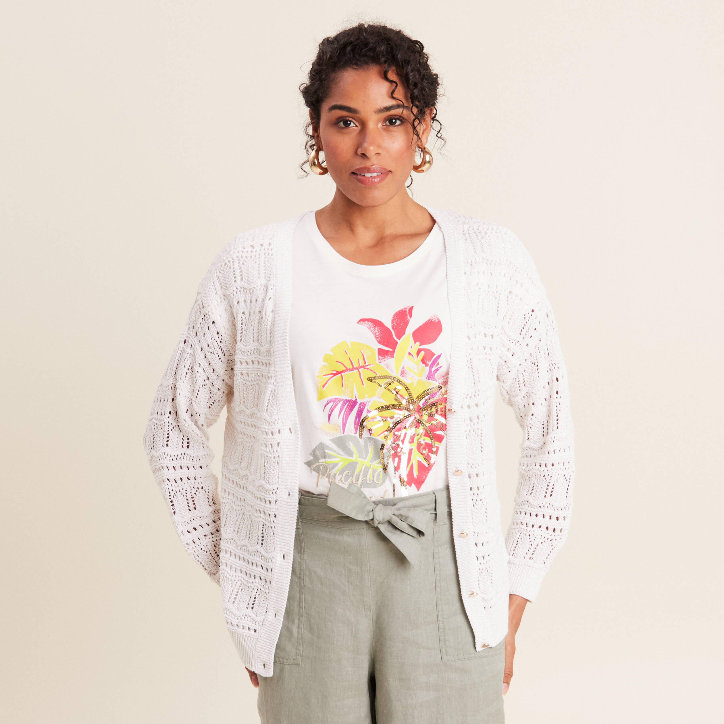 Gilet manches longues ajouré ecru femme