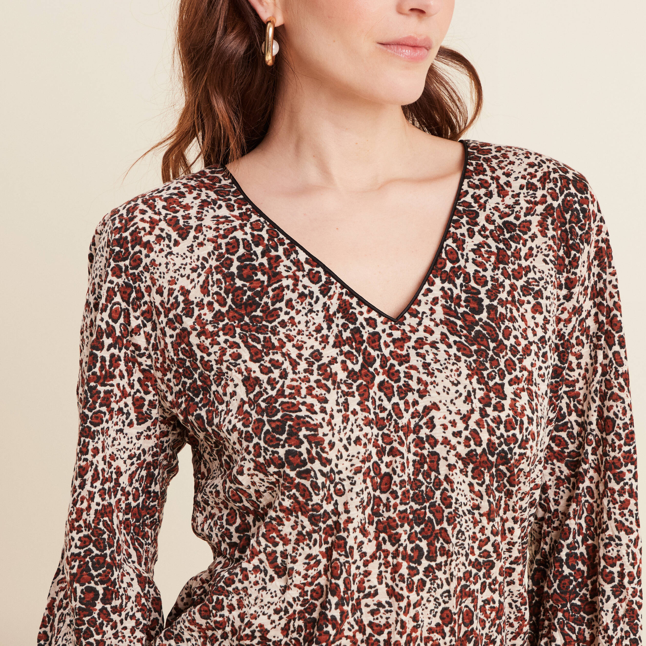 Blouse droite manches longues marron cognac femme