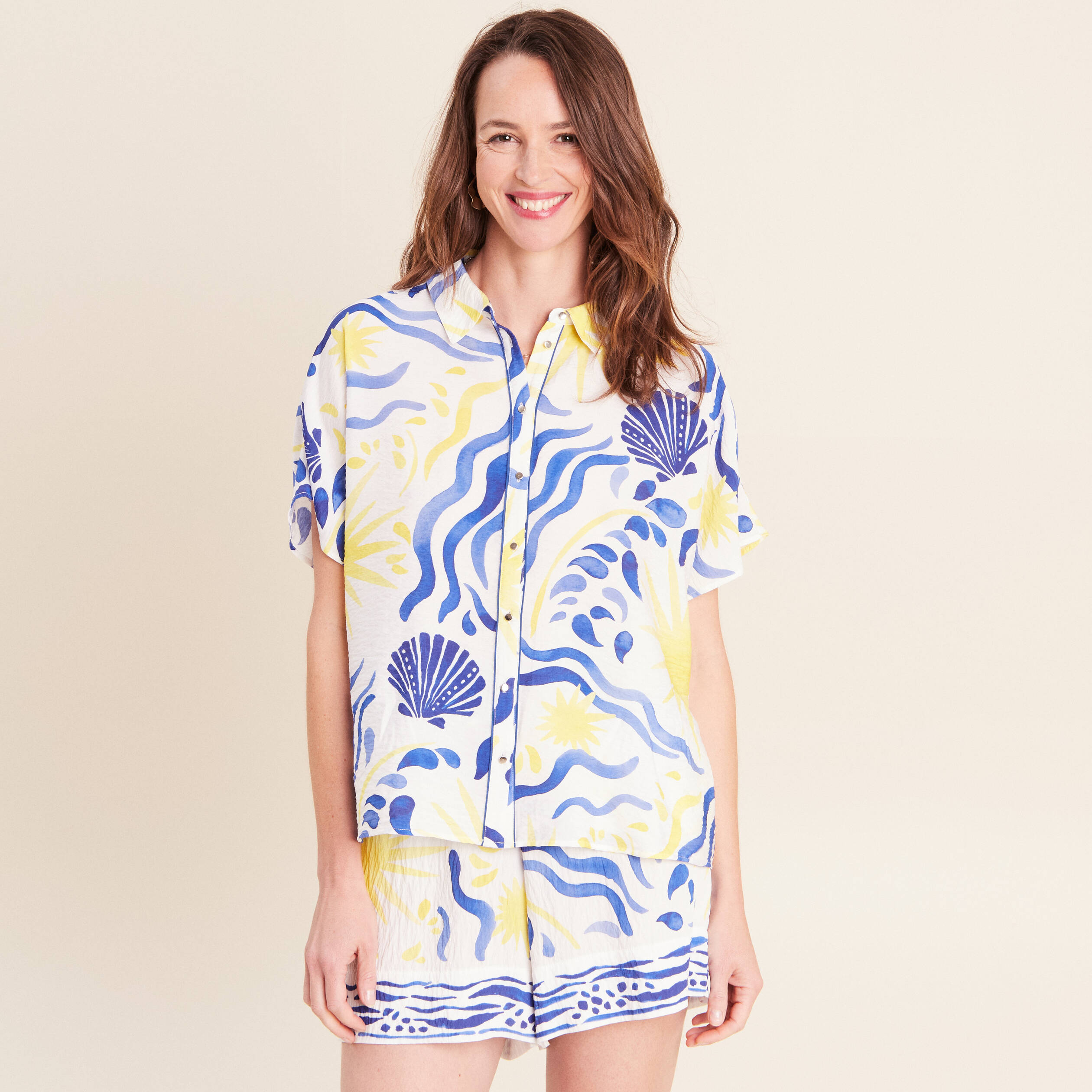 Chemise fluide manches courtes bleu femme