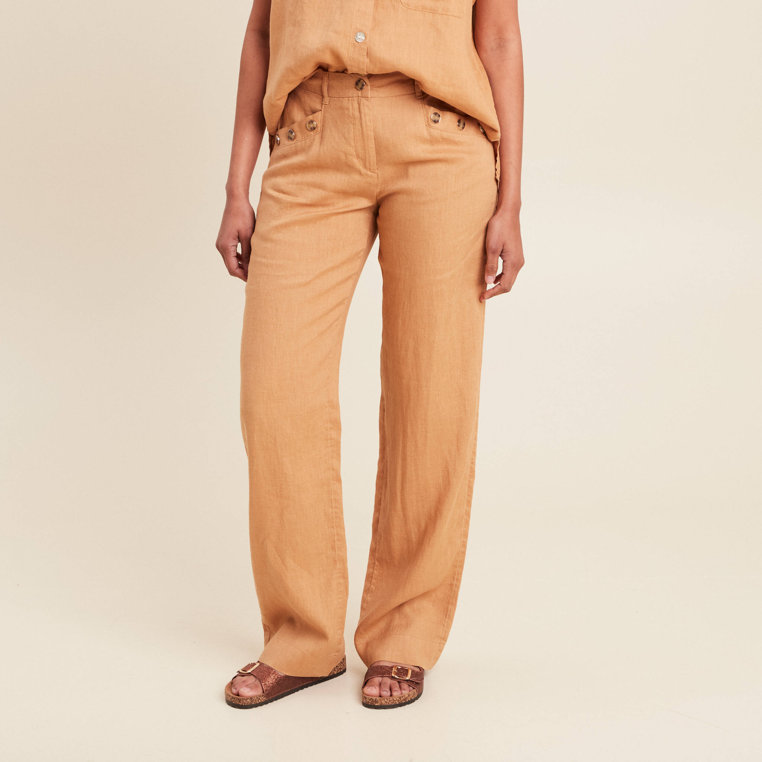Pantalon coupe large fluide taille haute beige femme