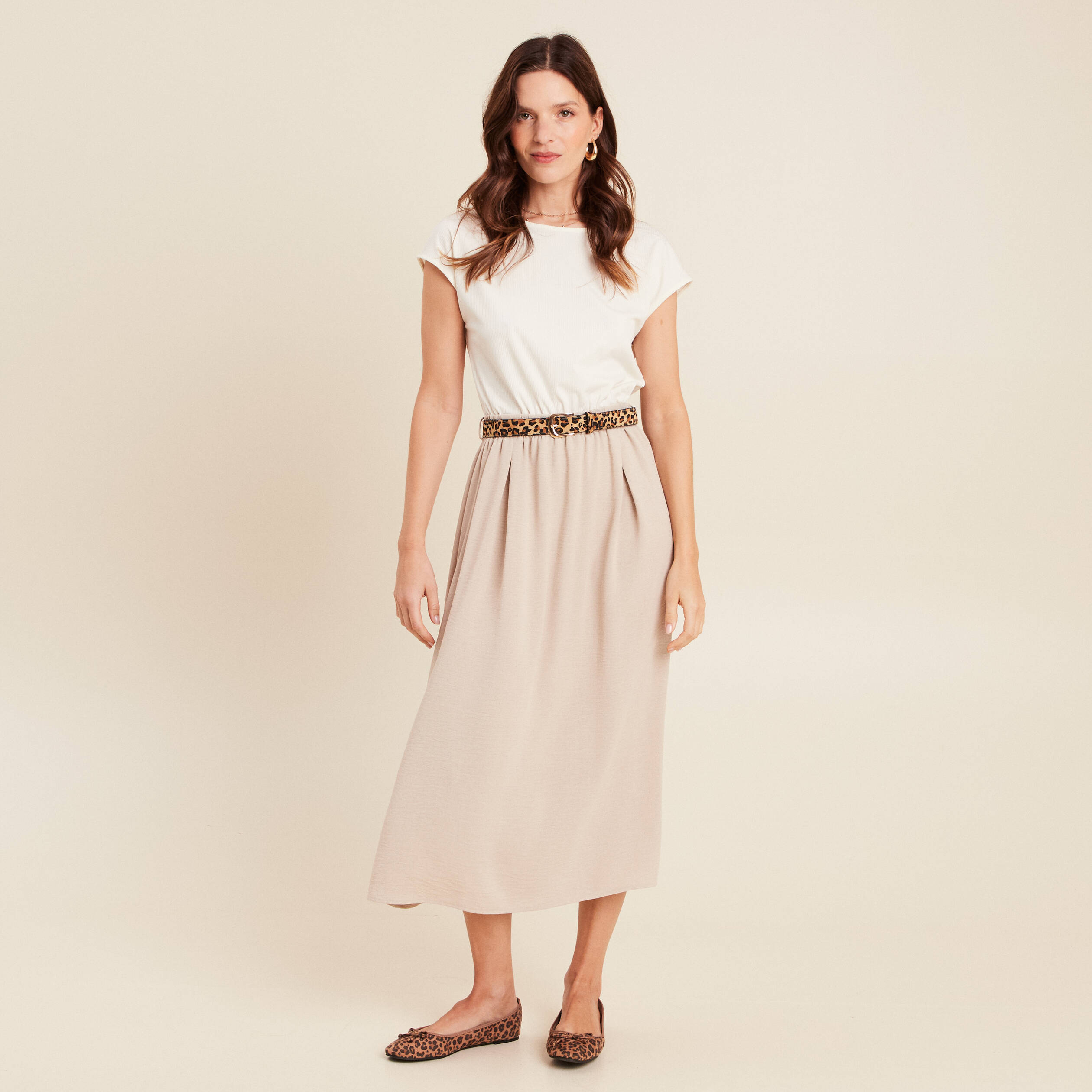 robe longue evasee bi matiere ecru femme Robe longue évasée bi-matière ecru femme