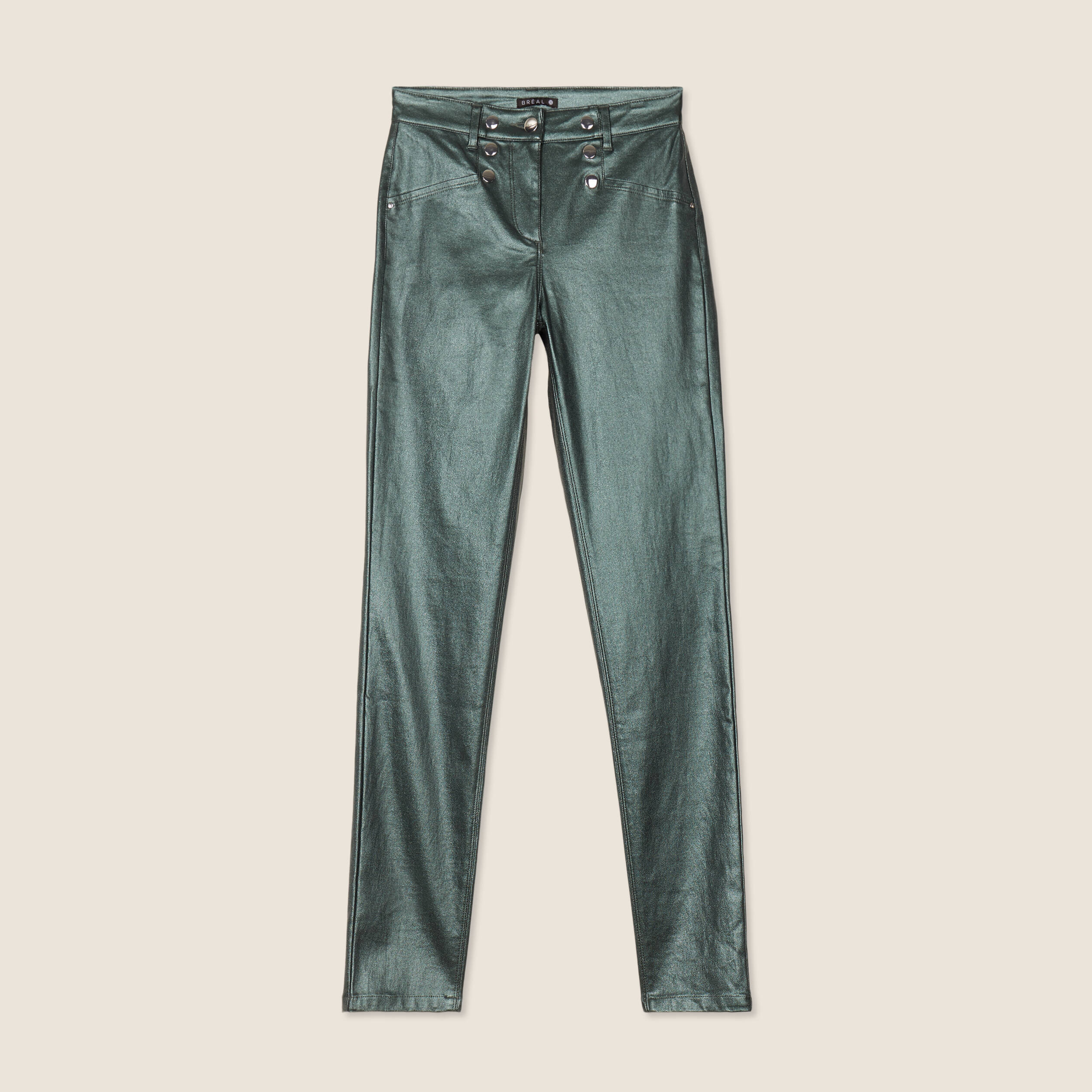 Pantalon ajusté enduit à pont vert foncé femme