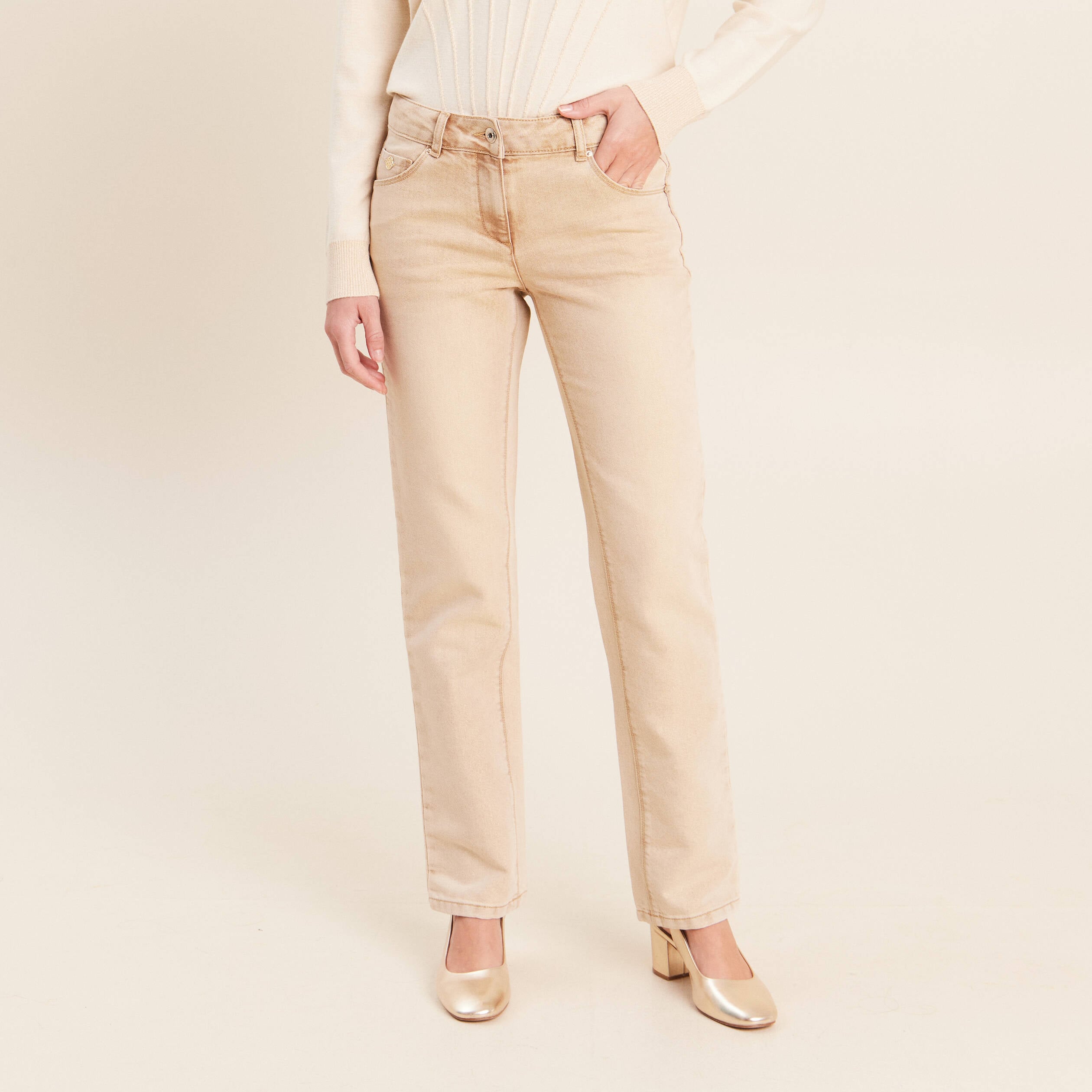 Jean taille bascul&eacute;e denim beige femme
