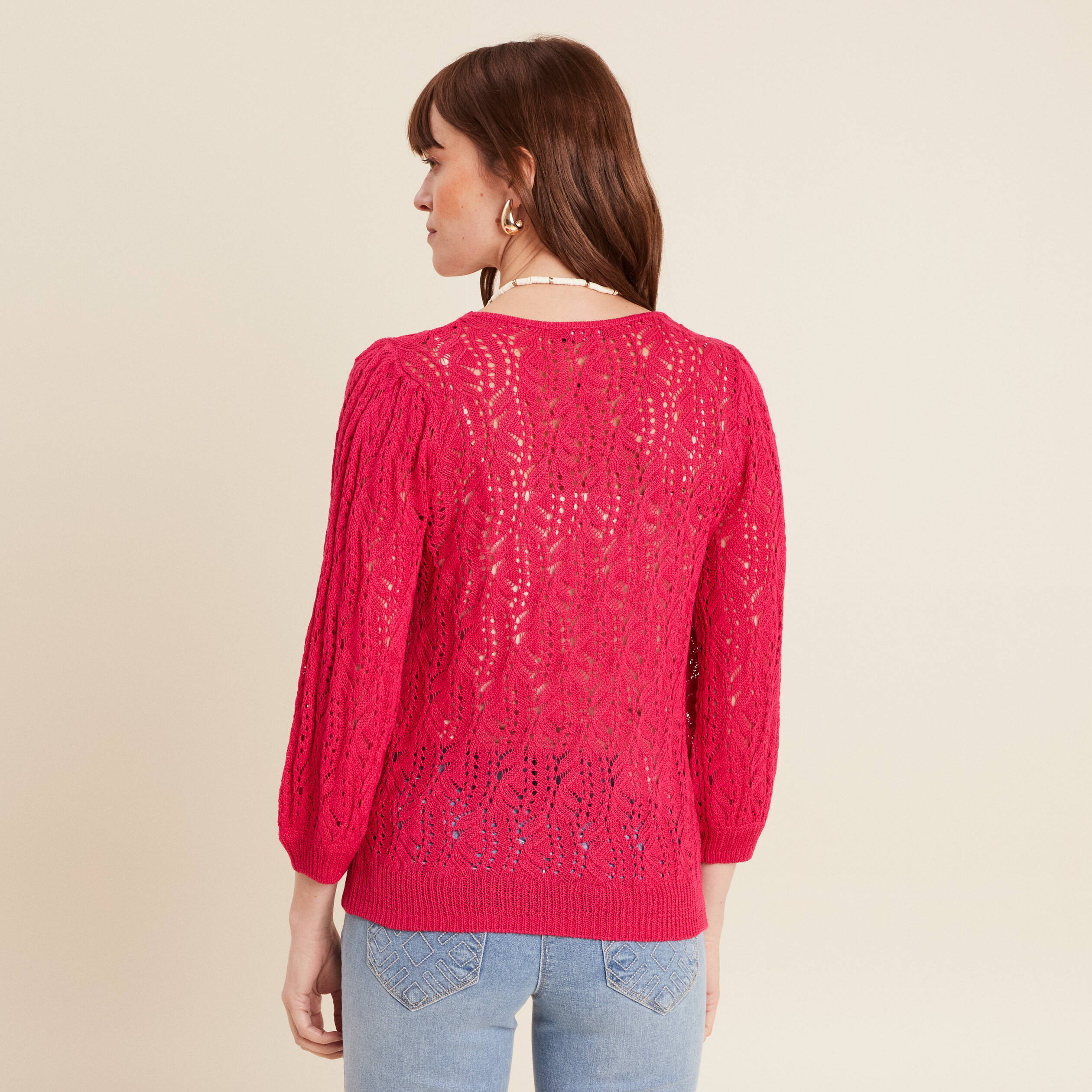 Pull manches 3/4 ajouré rose fushia femme