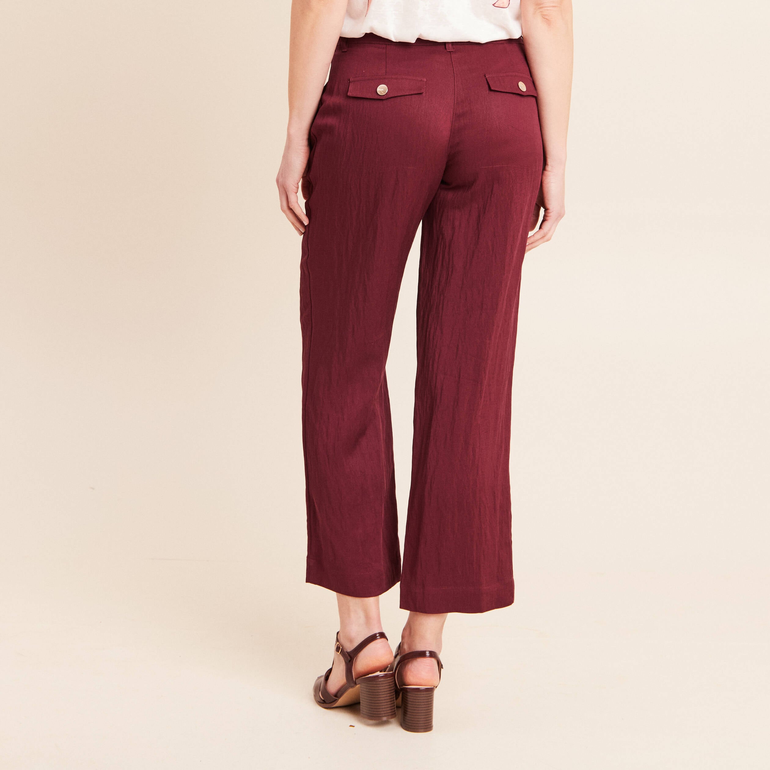 Pantalon large 7/8&egrave;me ceintur&eacute; prune femme