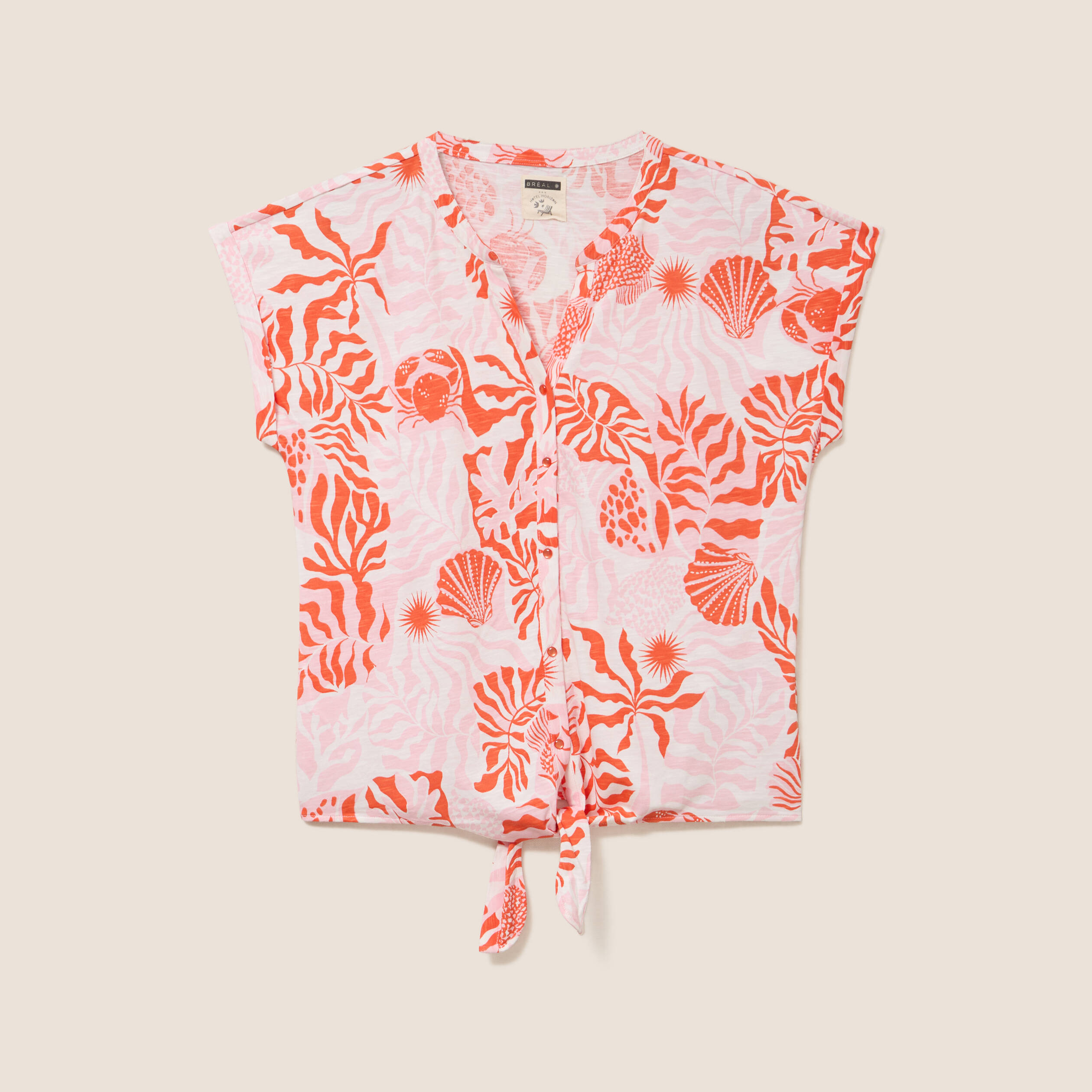 T-shirt col tunisien manches courtes rose femme