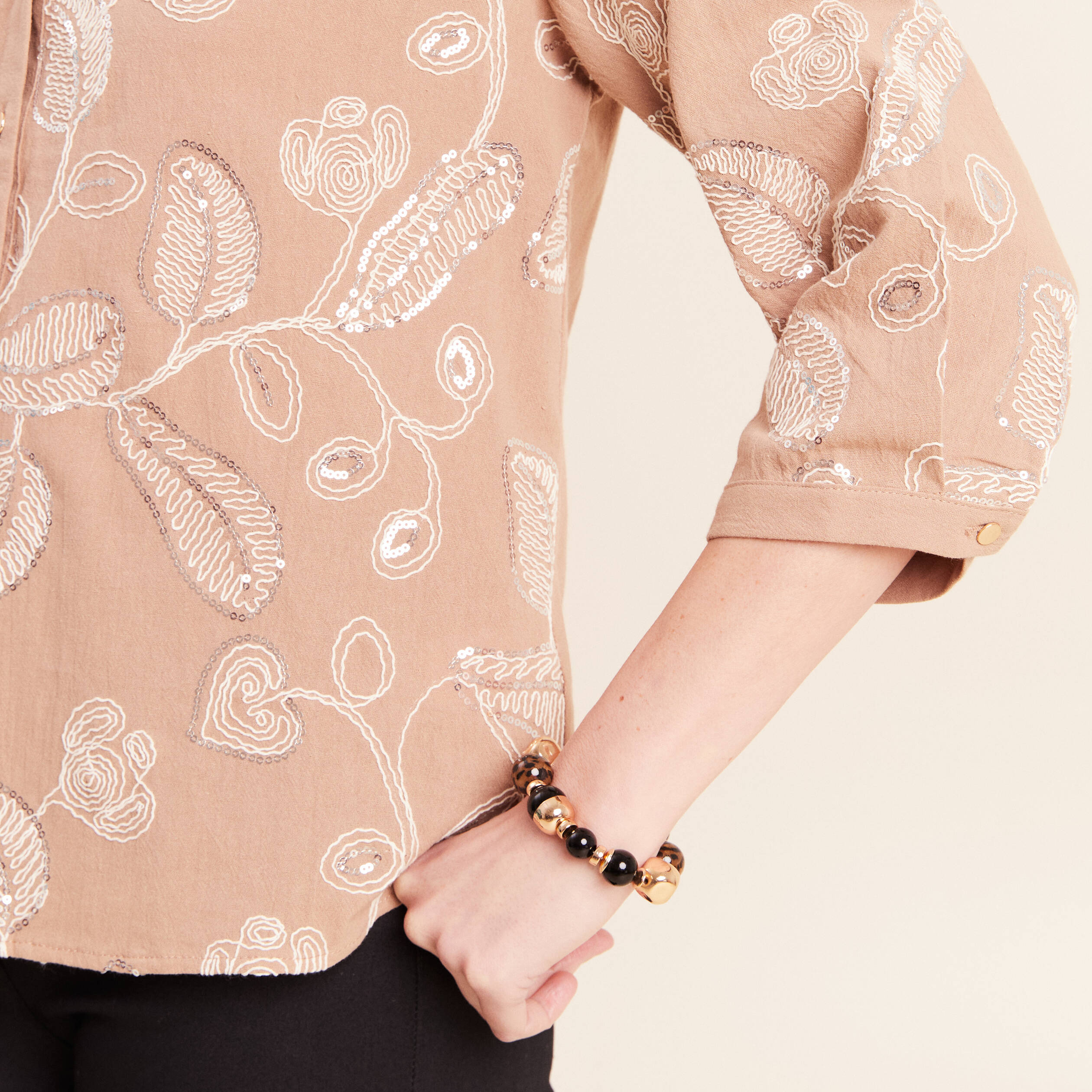 Blouse col tunisien manches 3/4 beige femme