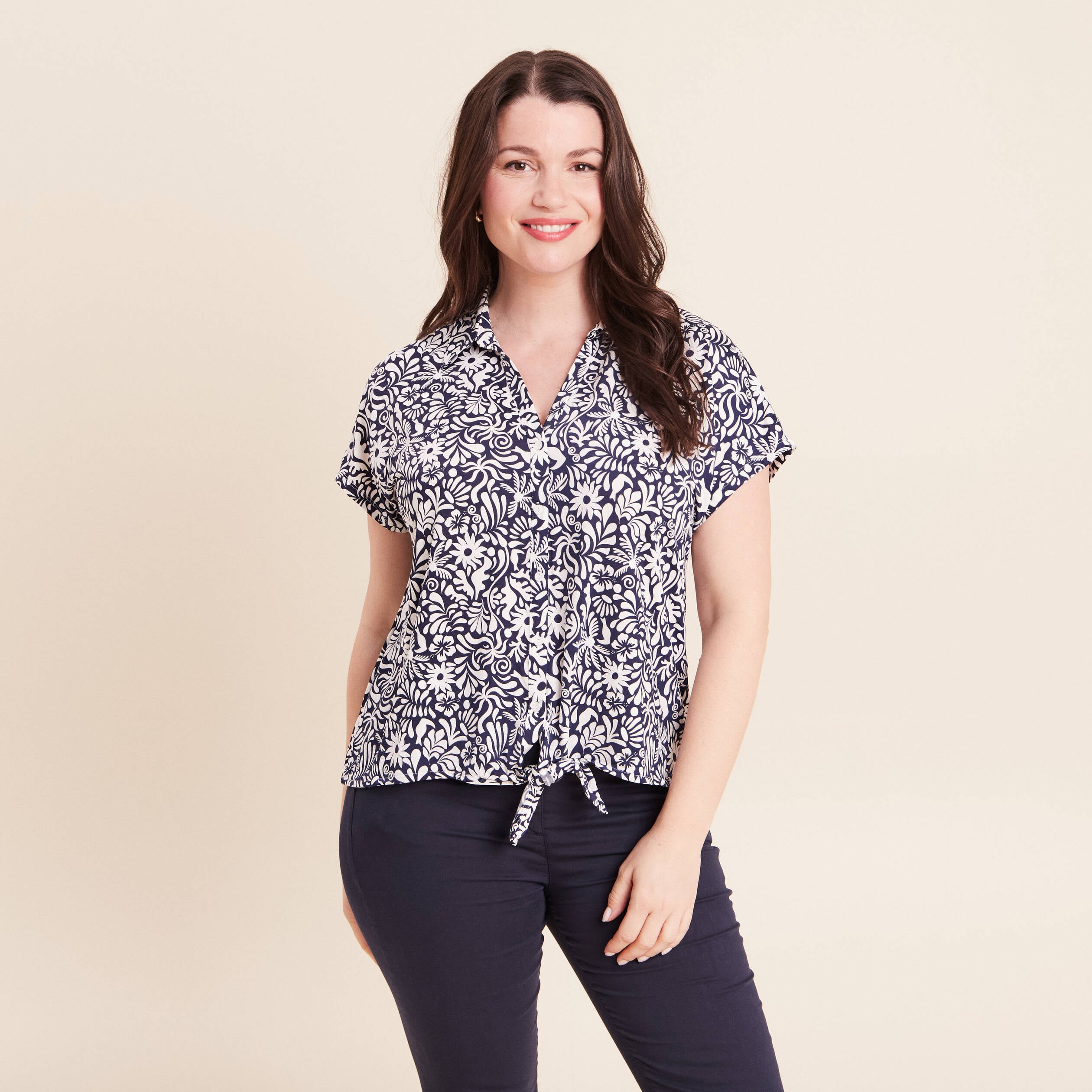 Blouse manches courtes nou&eacute;e bleu femme