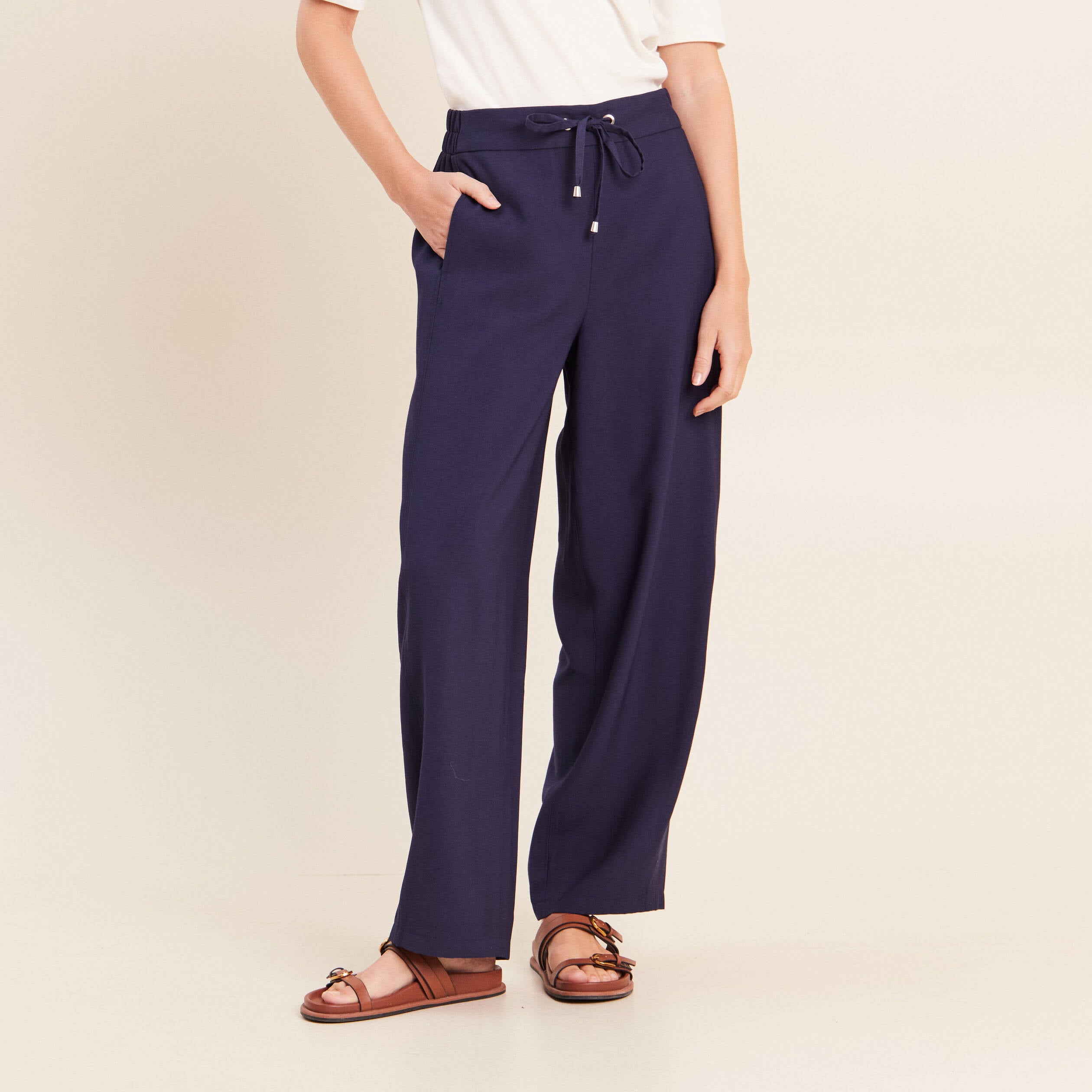 Pantalon large taille haute bleu marine femme