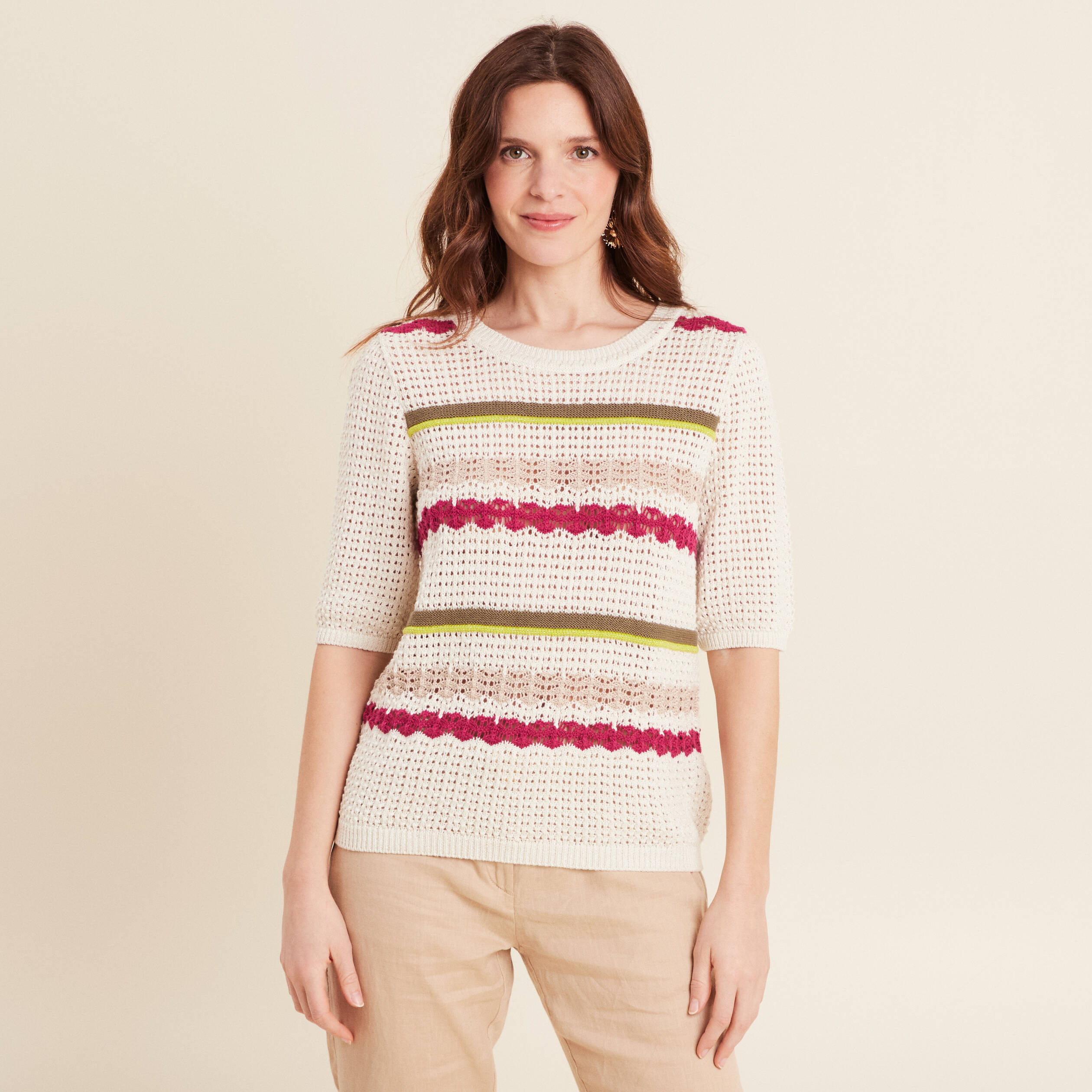 Pull dentelle col bateau multicolore femme