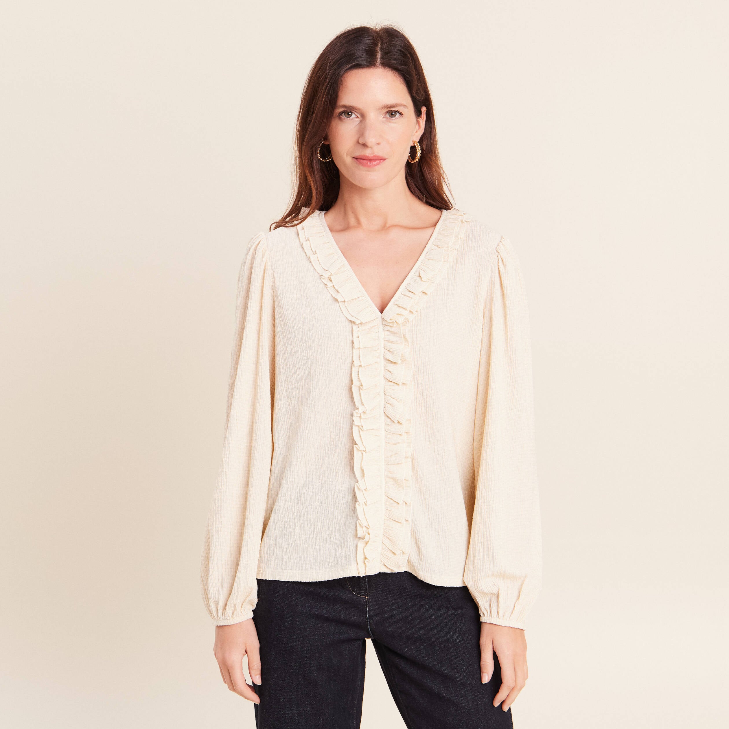 Blouse col v manches longues sable femme