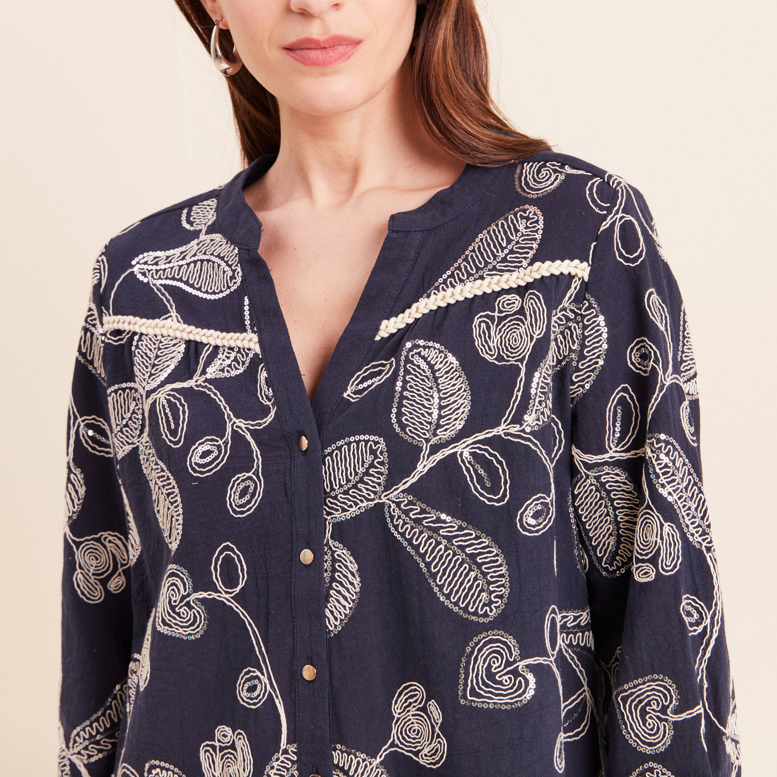 Blouse col tunisien manches 3/4 bleu femme