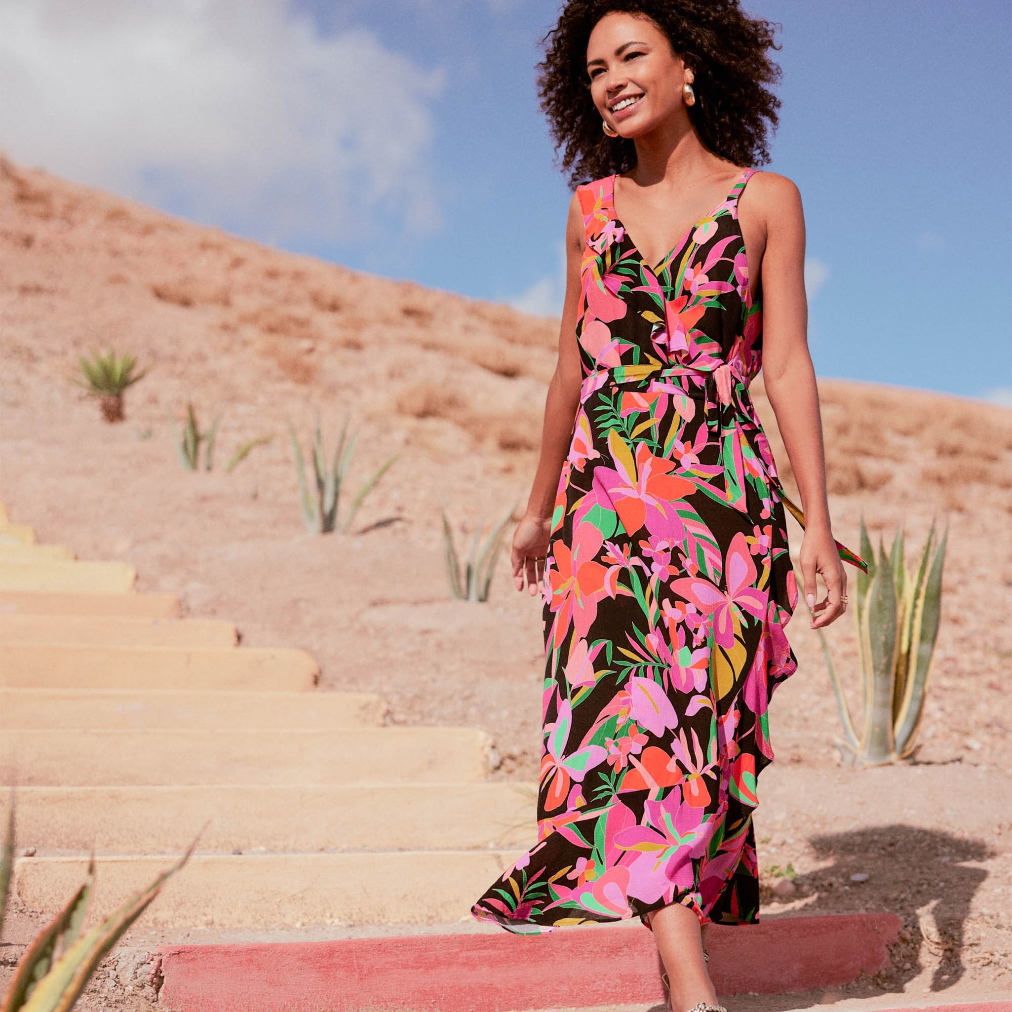 Robe longue portefeuille rose fushia femme